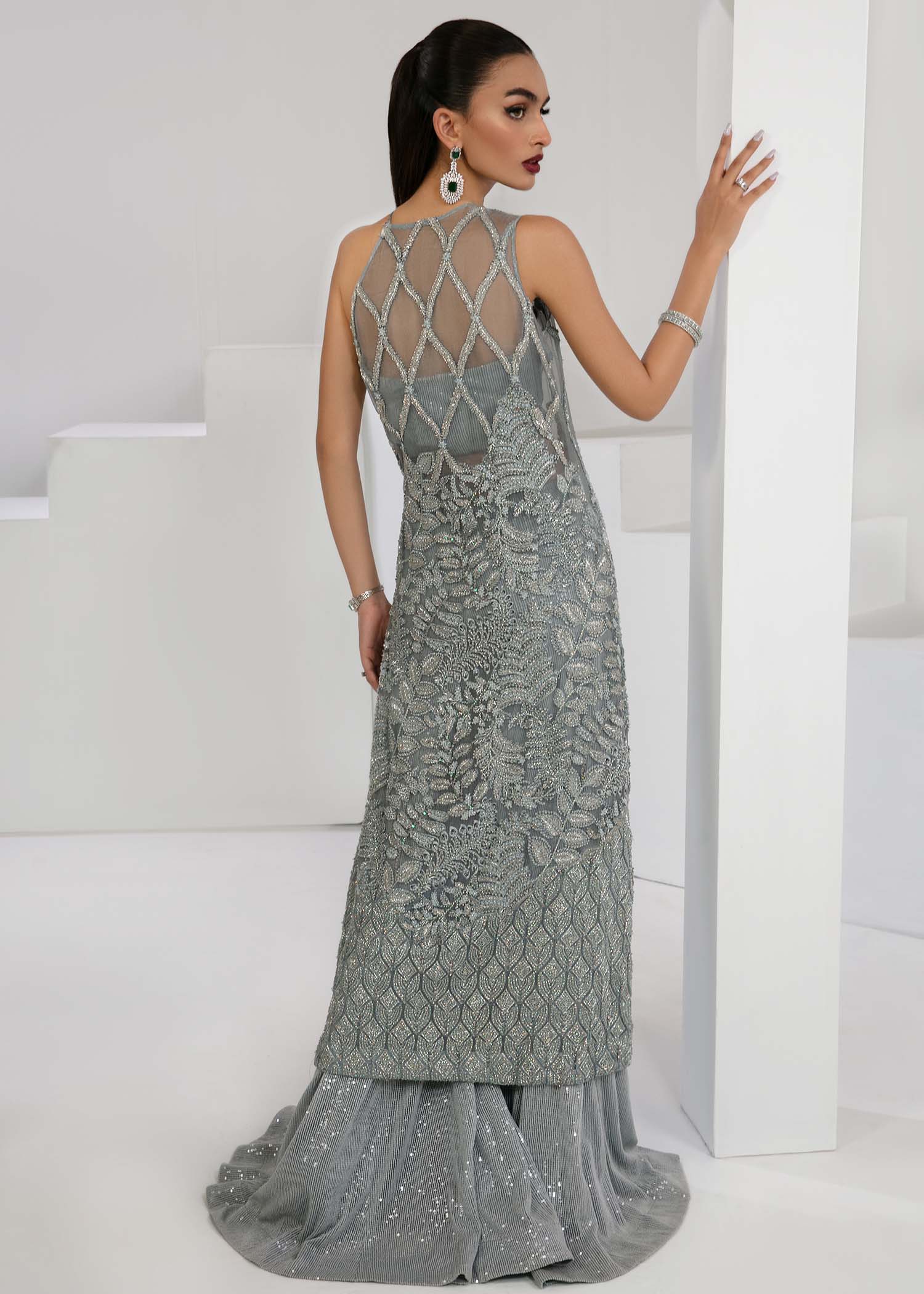 Blue Grey Beaded Net Shirt with Raw Silk Skirt (3-Piece) - Image 5