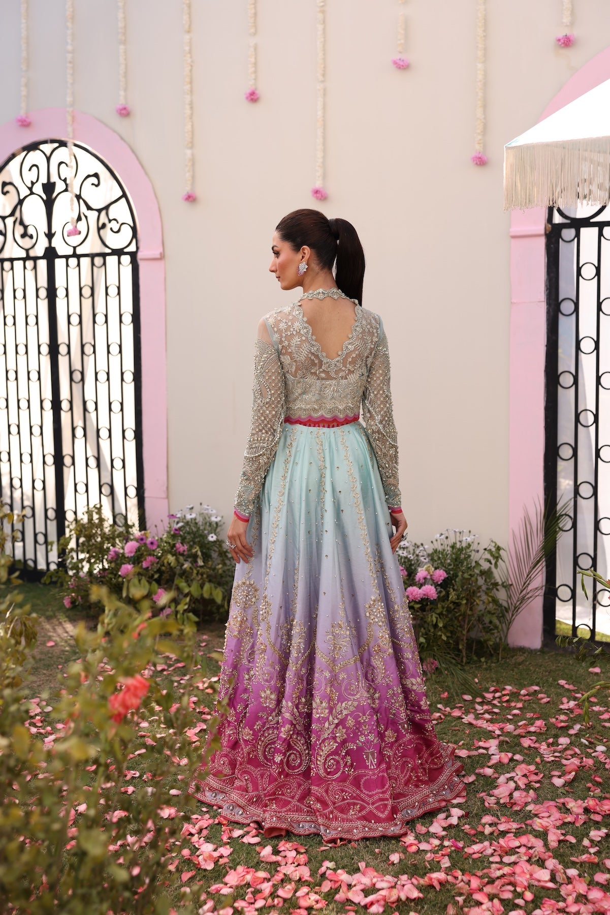 Pastel Blue Beaded Embroidered Raw Silk Lehenga Choli (3-Piece) - Image 10