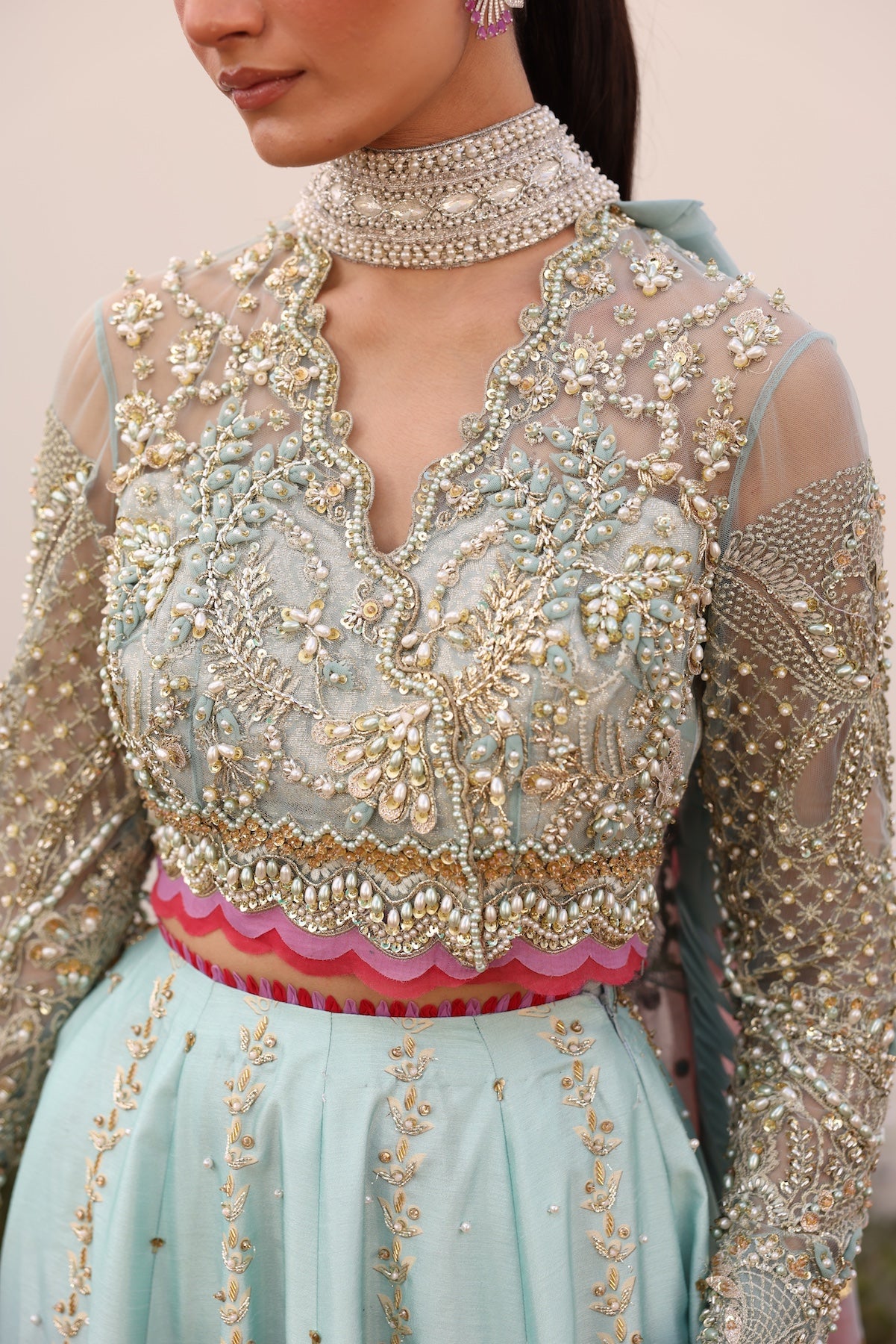 Pastel Blue Beaded Embroidered Raw Silk Lehenga Choli (3-Piece) - Image 11