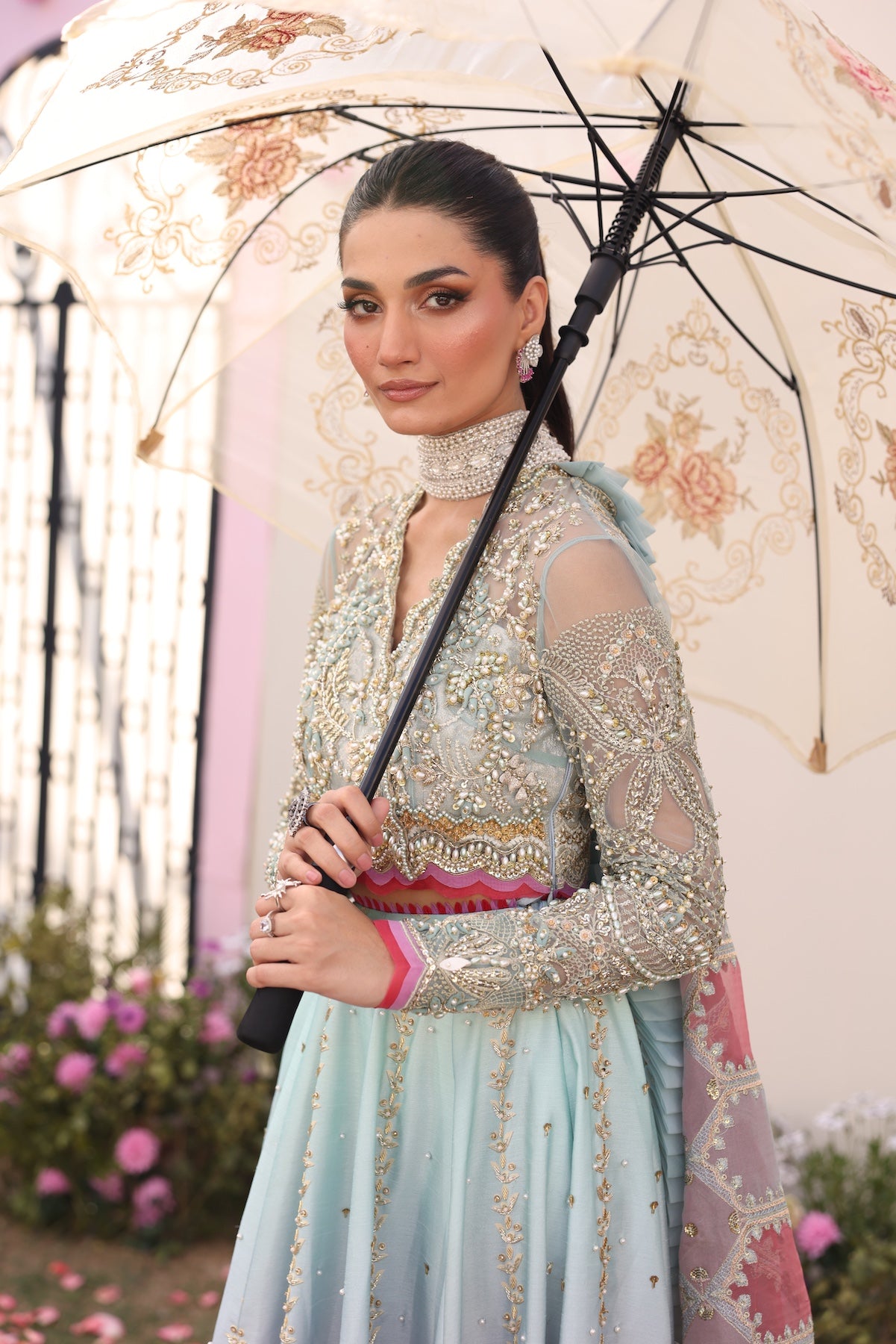 Pastel Blue Beaded Embroidered Raw Silk Lehenga Choli (3-Piece) - Image 2
