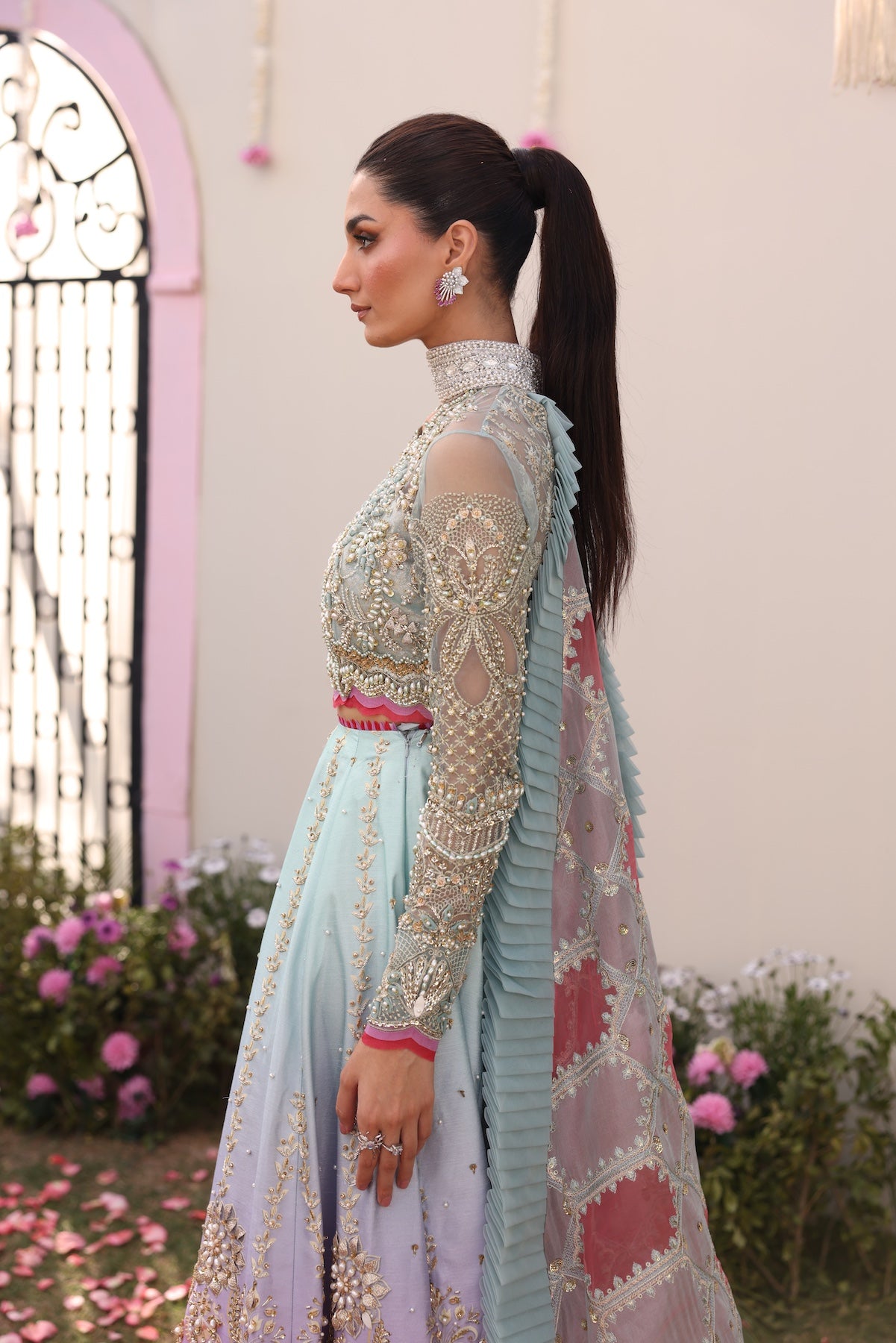 Pastel Blue Beaded Embroidered Raw Silk Lehenga Choli (3-Piece) - Image 3