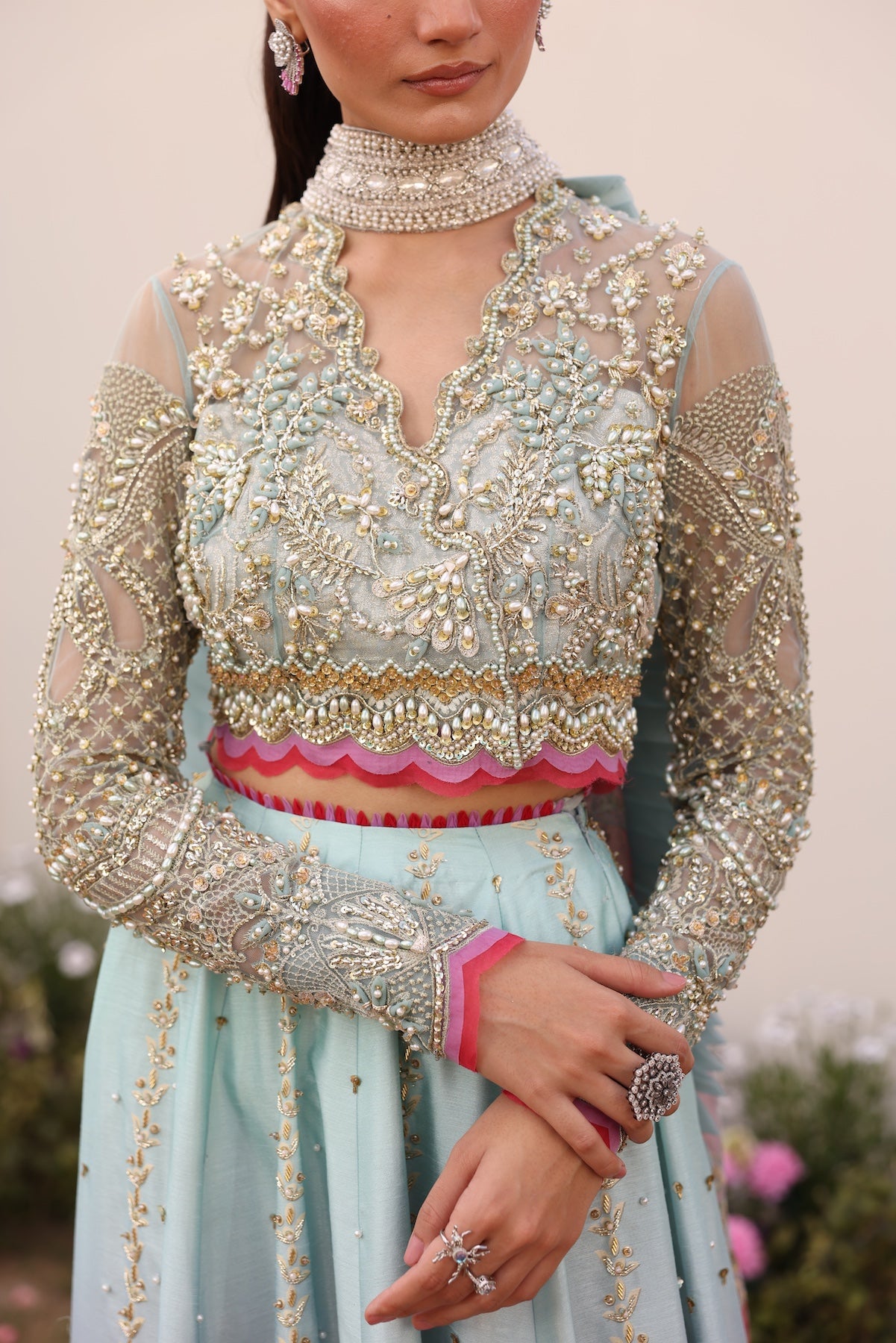 Pastel Blue Beaded Embroidered Raw Silk Lehenga Choli (3-Piece) - Image 4