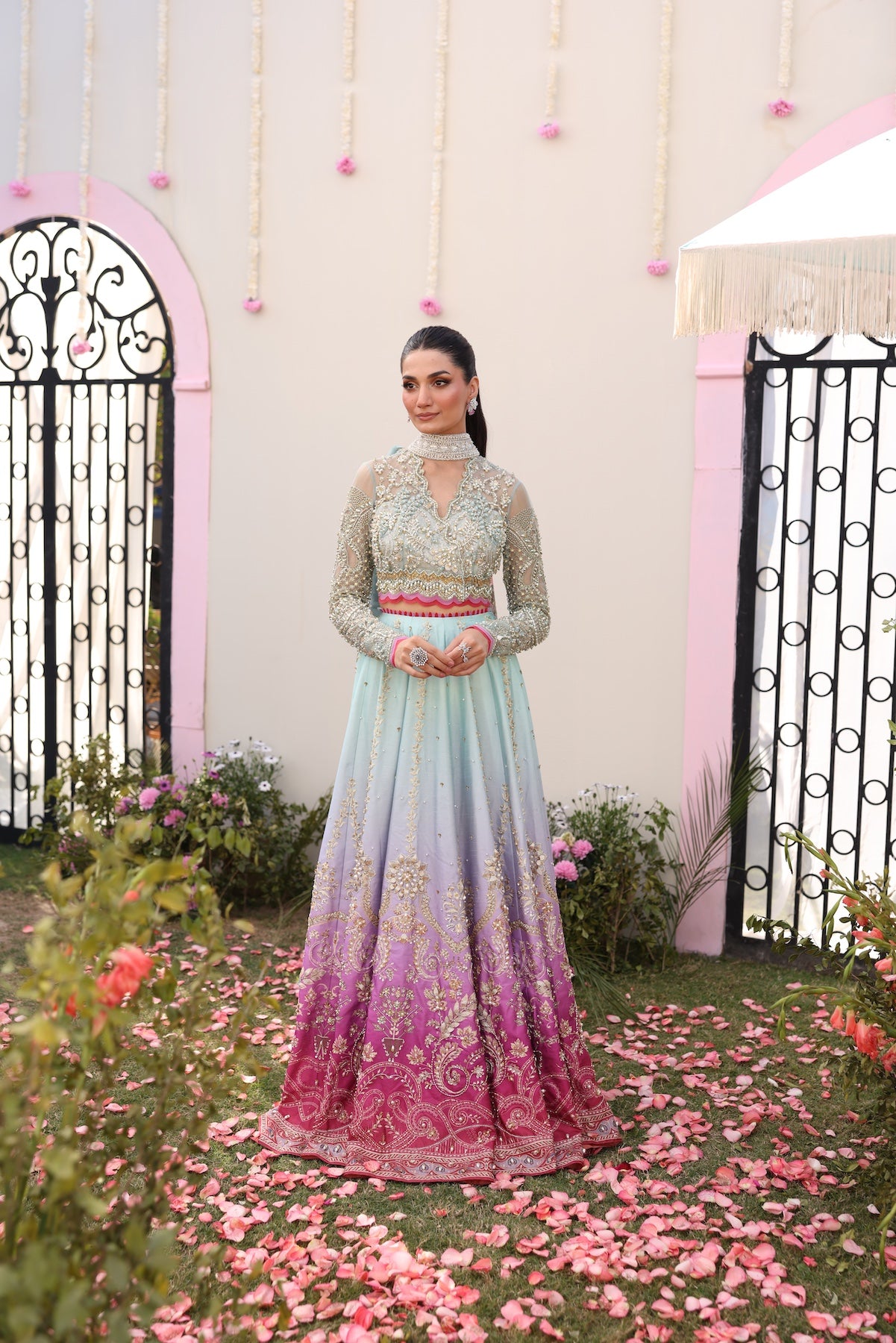 Pastel Blue Beaded Embroidered Raw Silk Lehenga Choli (3-Piece) - Image 6