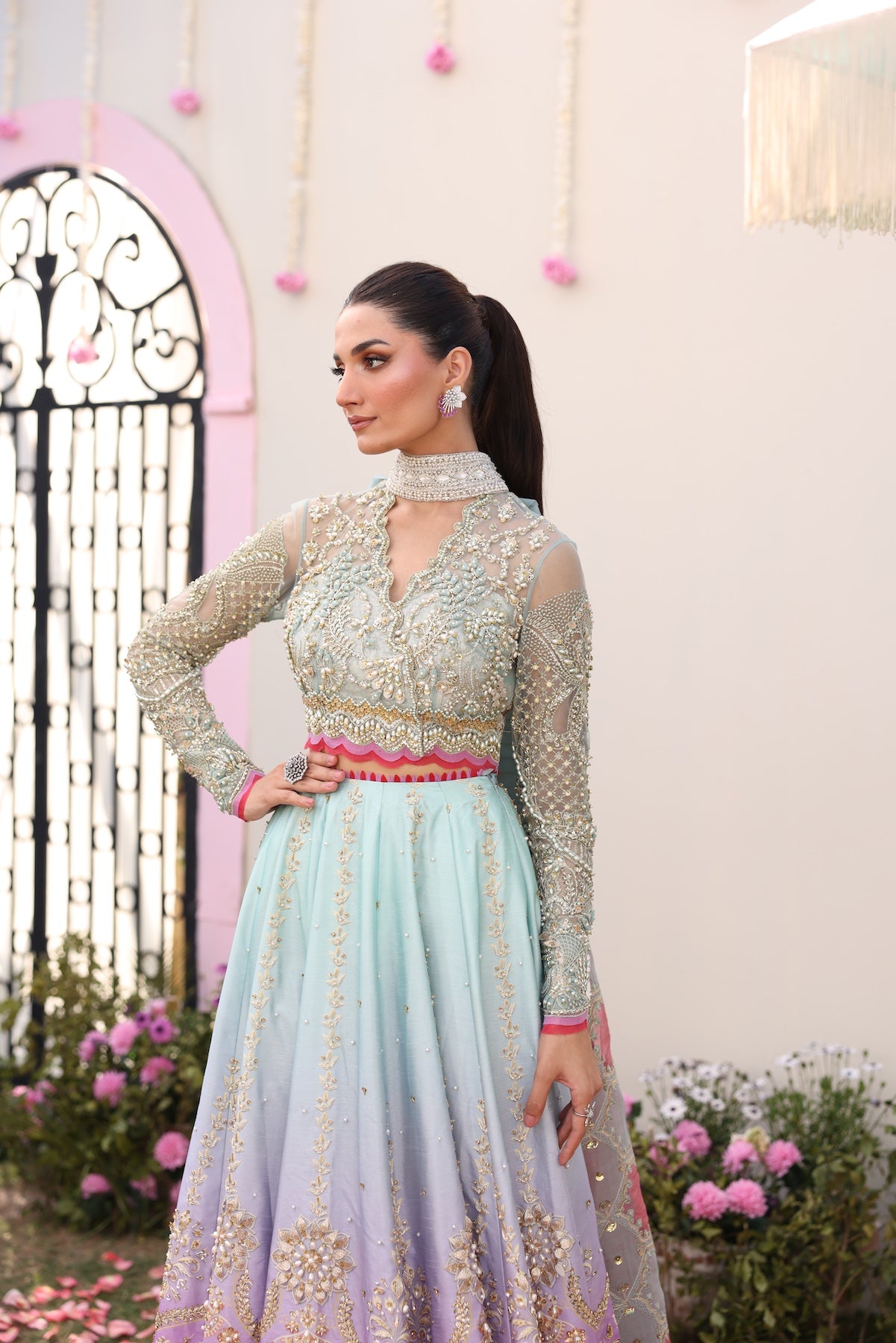 Pastel Blue Beaded Embroidered Raw Silk Lehenga Choli (3-Piece) - Image 7