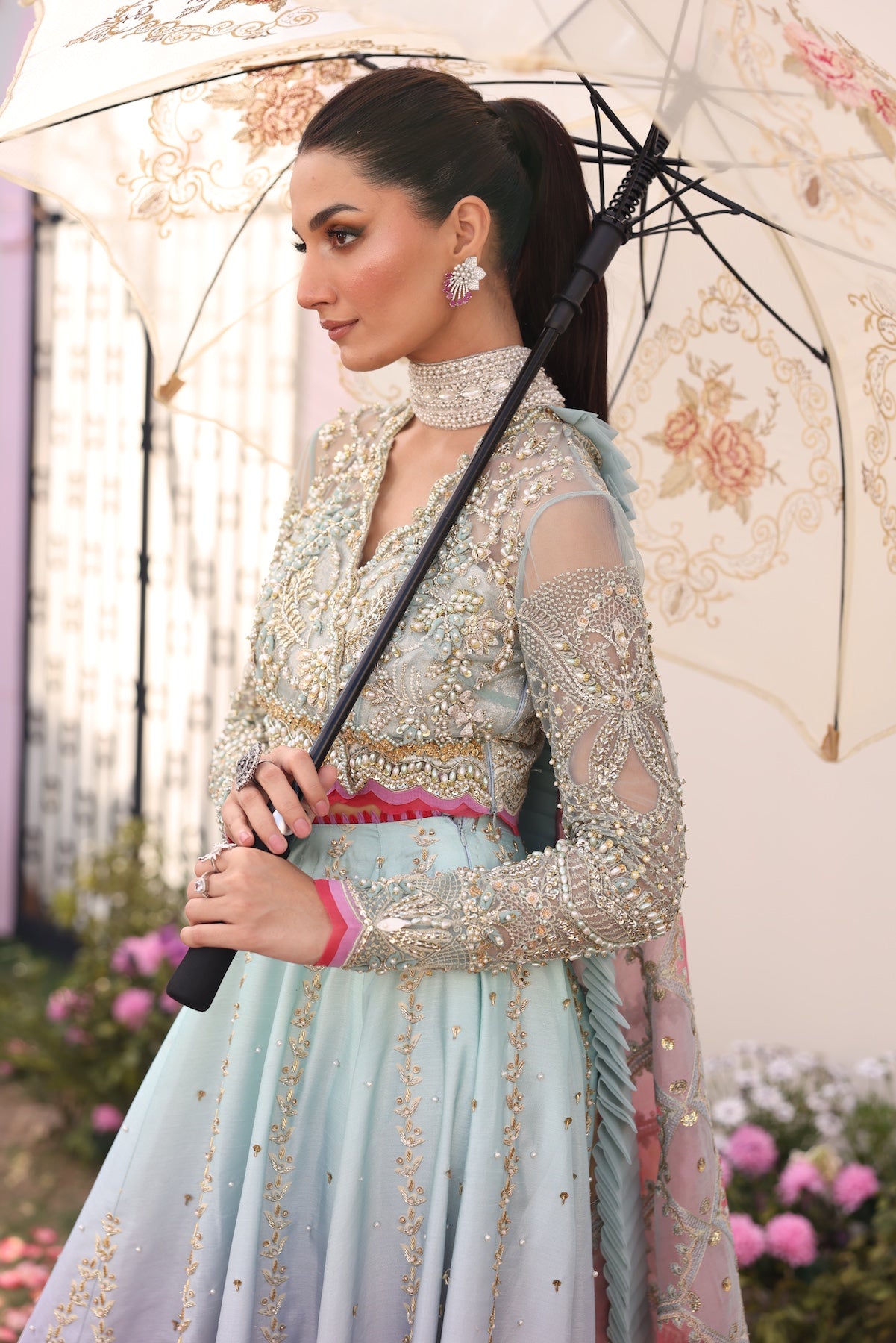 Pastel Blue Beaded Embroidered Raw Silk Lehenga Choli (3-Piece) - Image 8