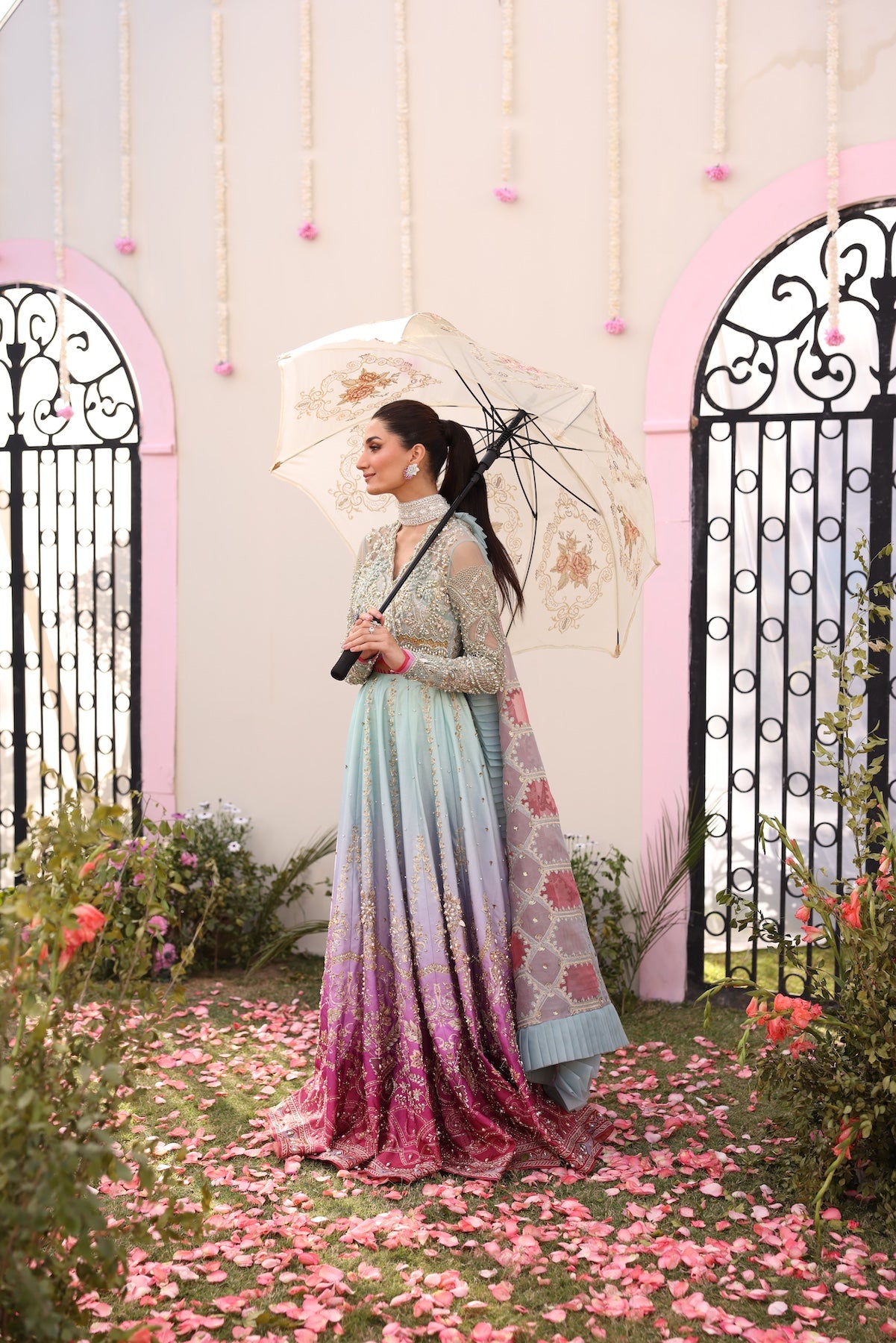 Pastel Blue Beaded Embroidered Raw Silk Lehenga Choli (3-Piece) - Image 9