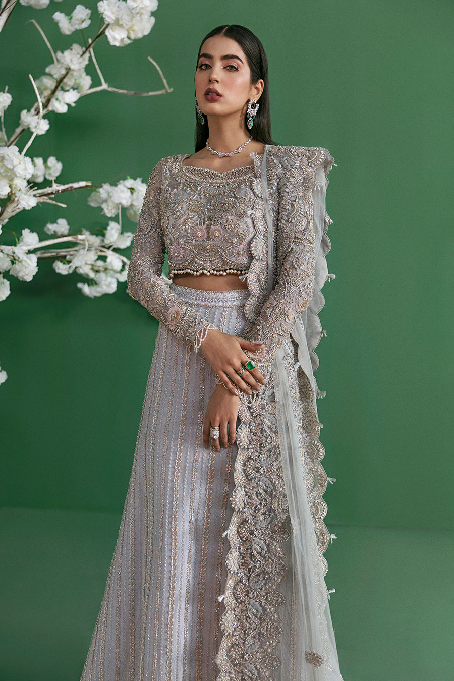 Ice Blue Embellished Raw Silk Lehenga Choli (3-Piece) - Image 3