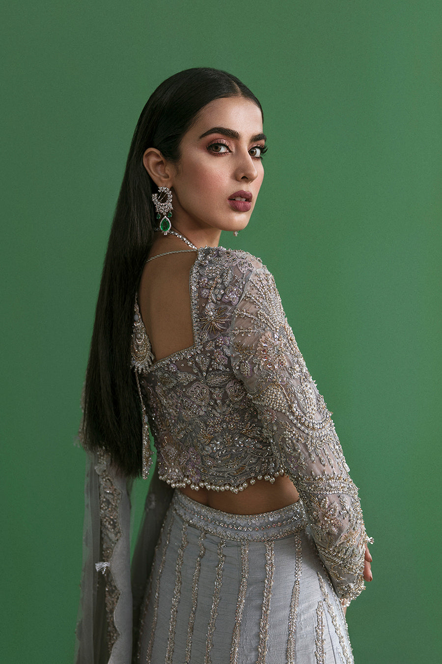 Ice Blue Embellished Raw Silk Lehenga Choli (3-Piece) - Image 4