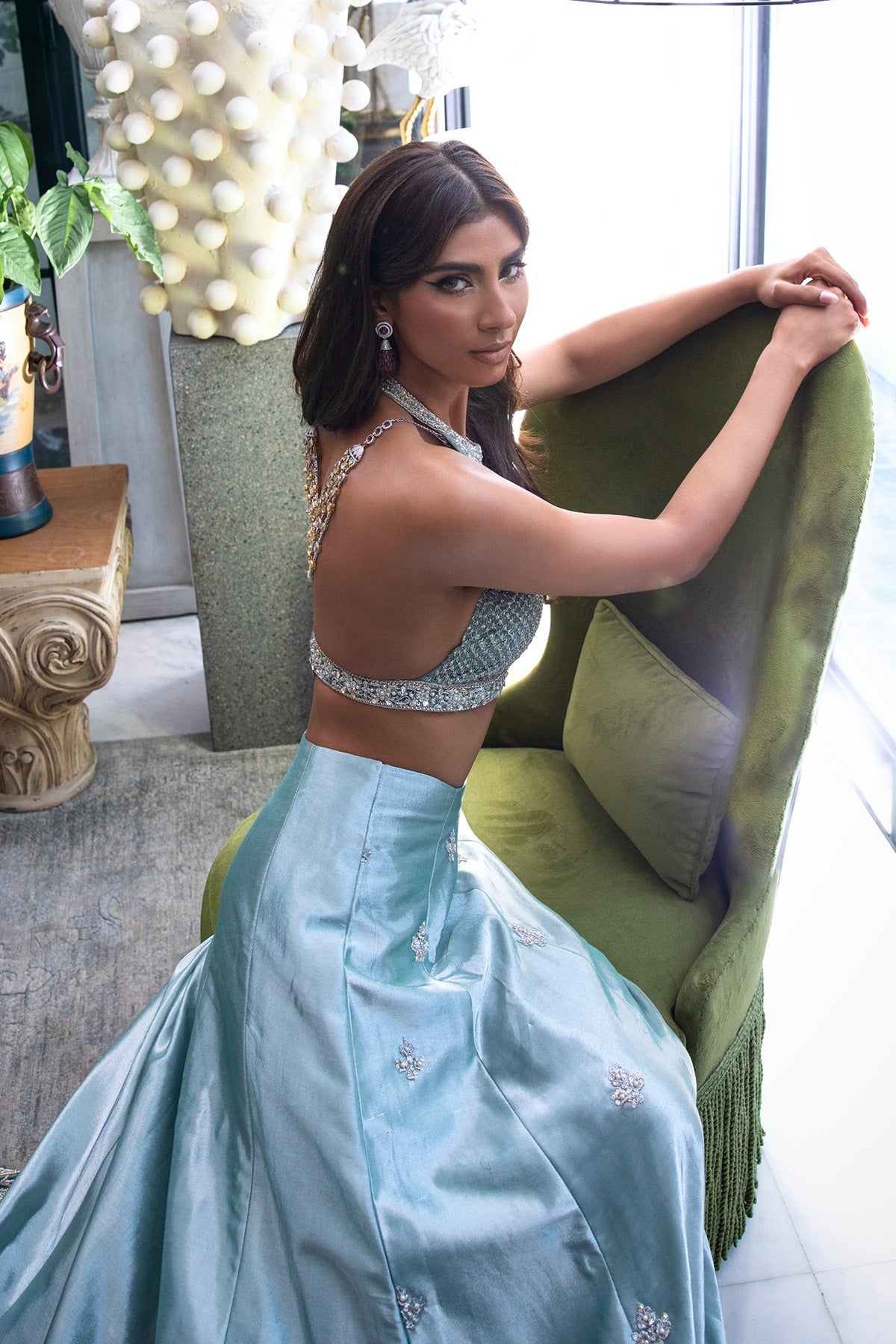 Pakistani Ice Blue Crystal Velvet & Raw Silk Lehenga (3-Piece) - Image 1