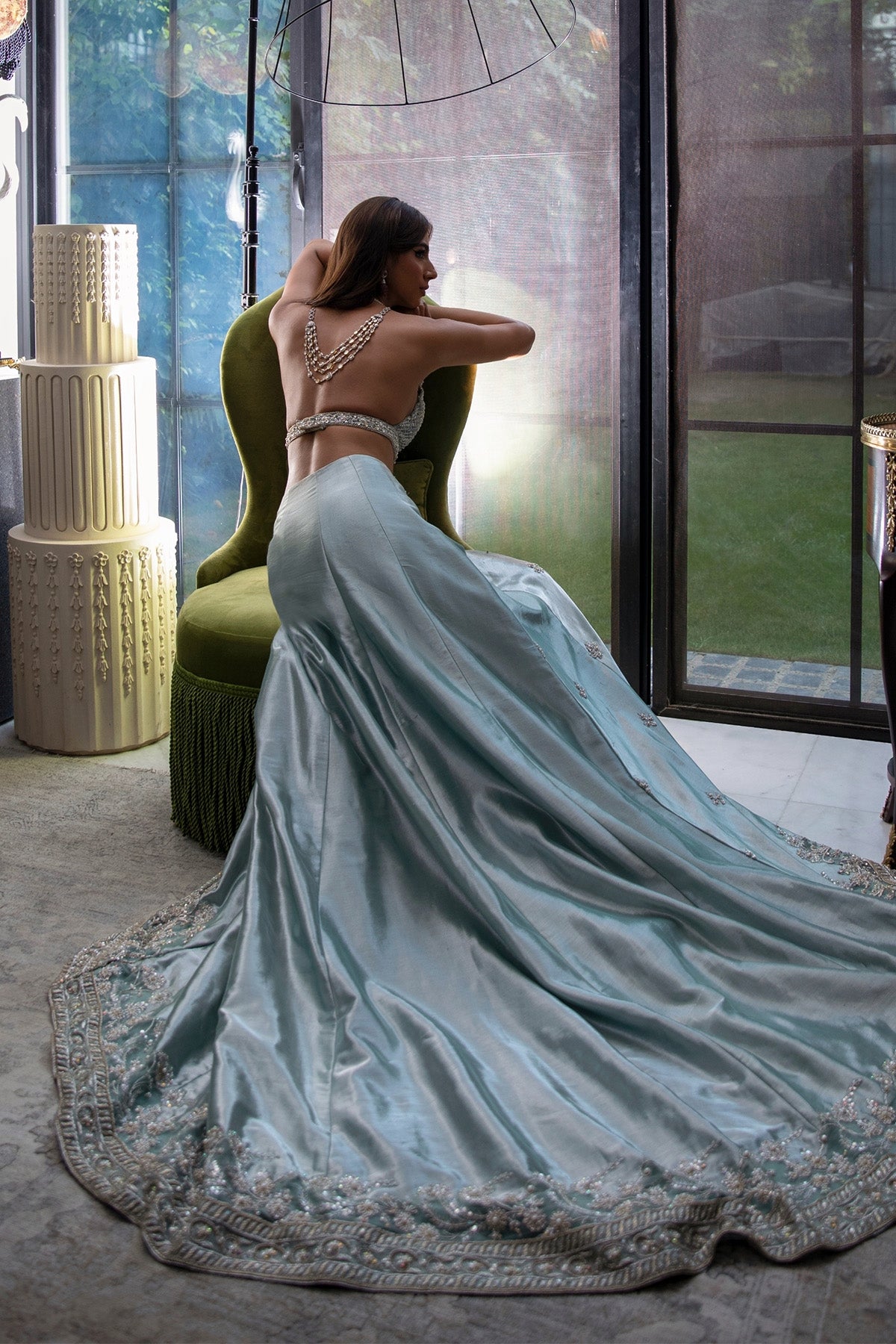 Pakistani Ice Blue Crystal Velvet & Raw Silk Lehenga (3-Piece) - Image 3