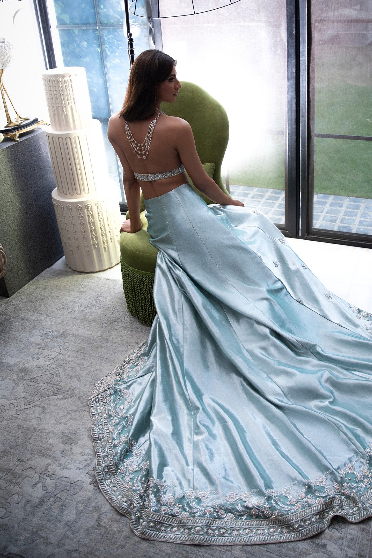 Pakistani Ice Blue Crystal Velvet & Raw Silk Lehenga (3-Piece) - Image 4