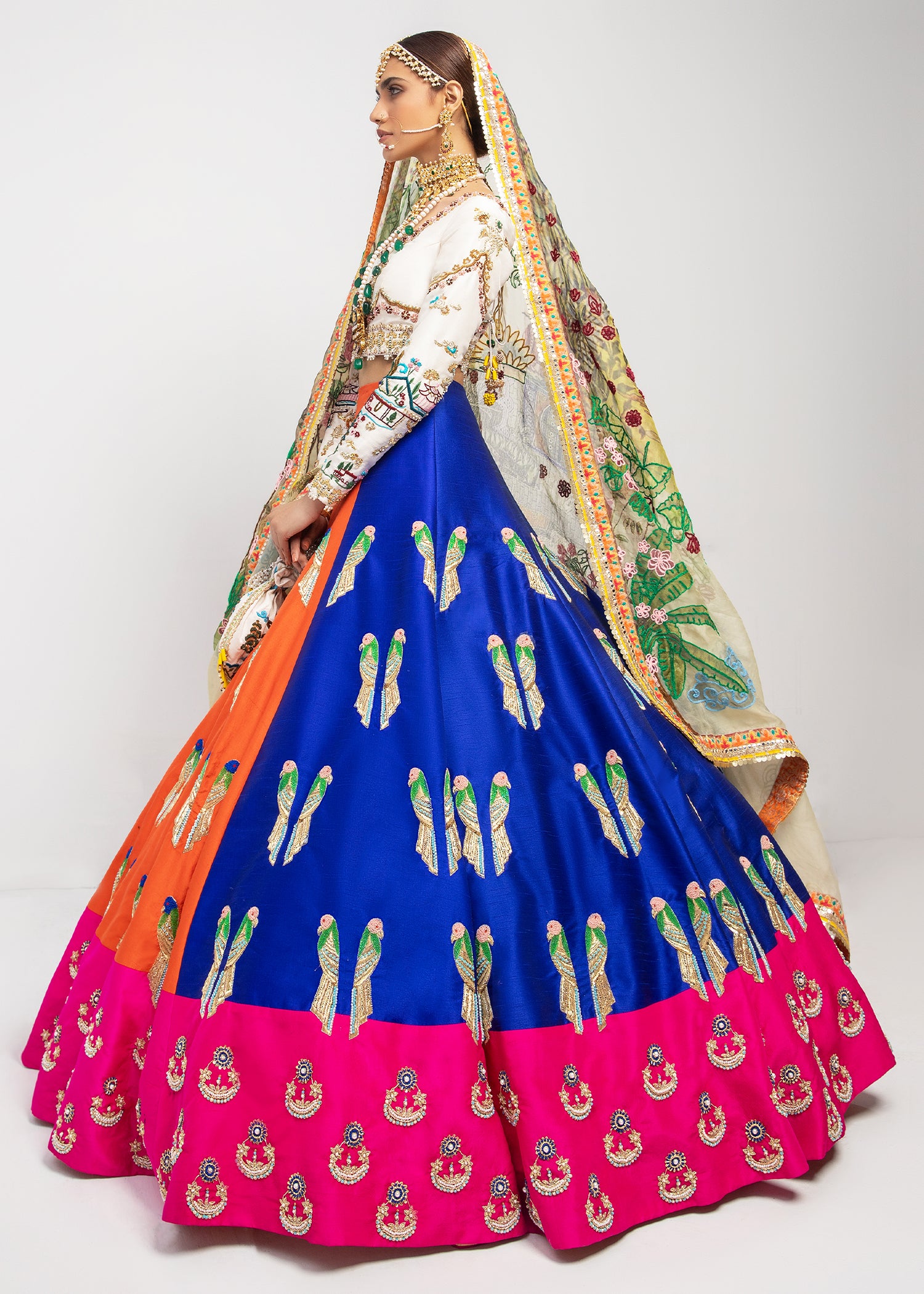 Pakistani Cobalt Blue & Tangerine Embroidered Raw Silk Lehenga (3-Piece) - Image 2