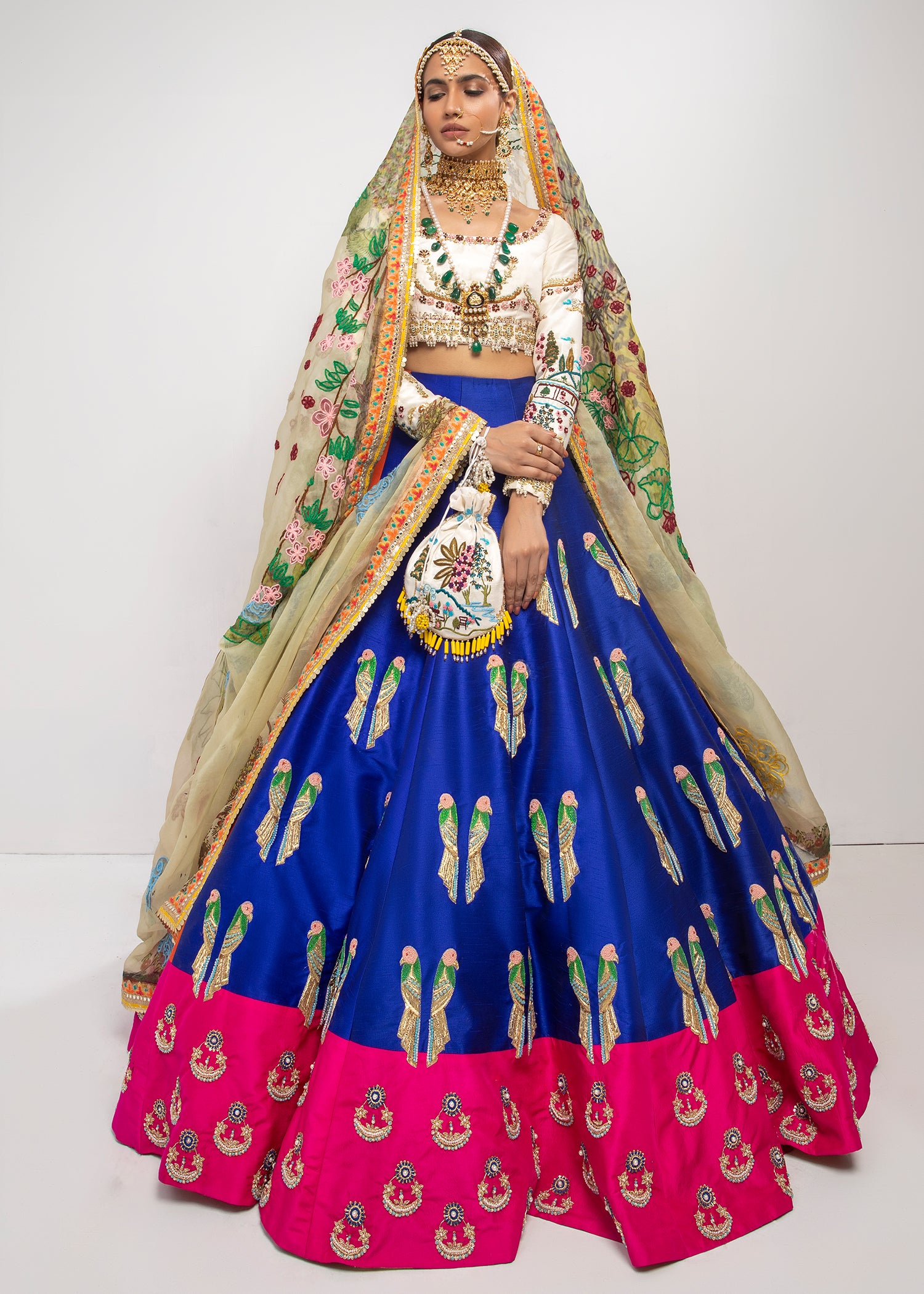 Pakistani Cobalt Blue & Tangerine Embroidered Raw Silk Lehenga (3-Piece) - Image 6