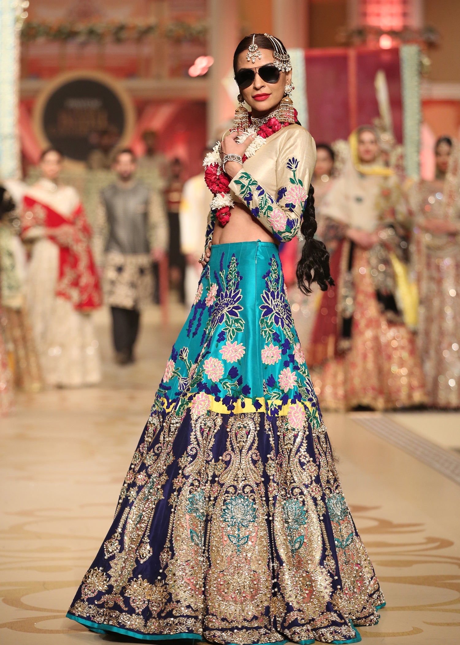 Pakistani Blue & Beige Embroidered Tissue Choli with Raw Silk Lehenga (2-Piece) - Image 1