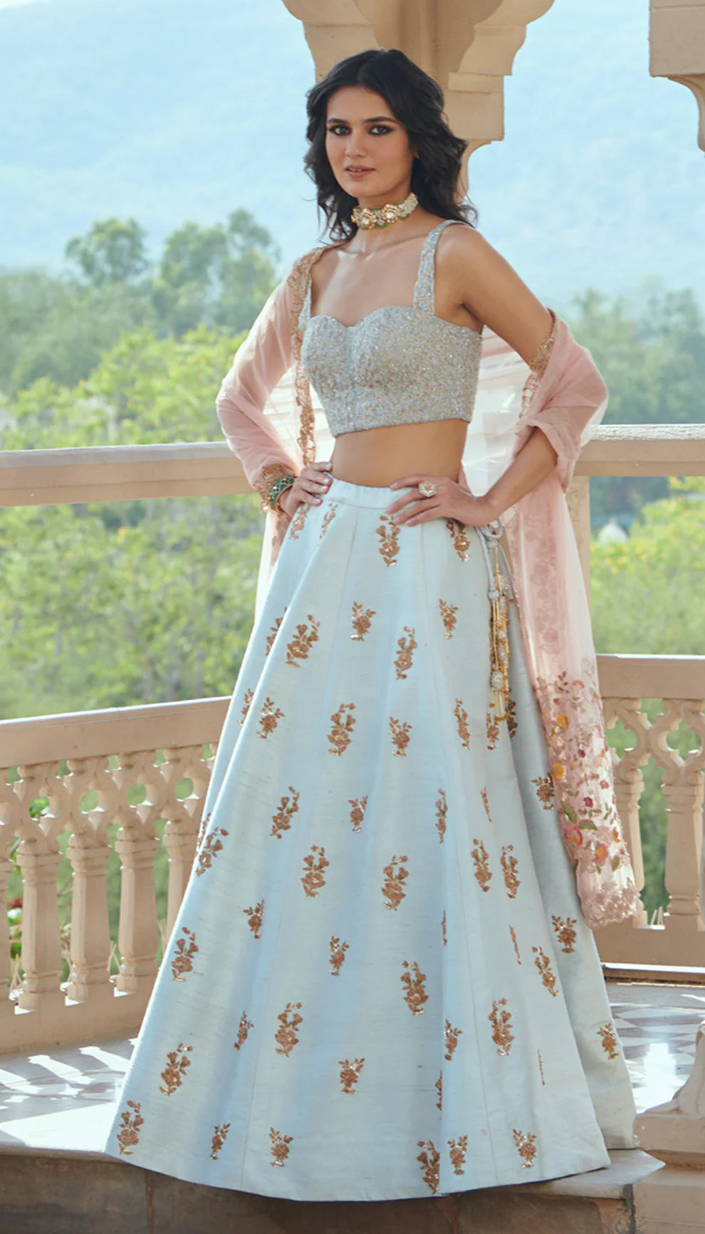 Ice Blue Vintage Gold Embroidered Raw Silk Lehenga (3-Piece) - Image 1
