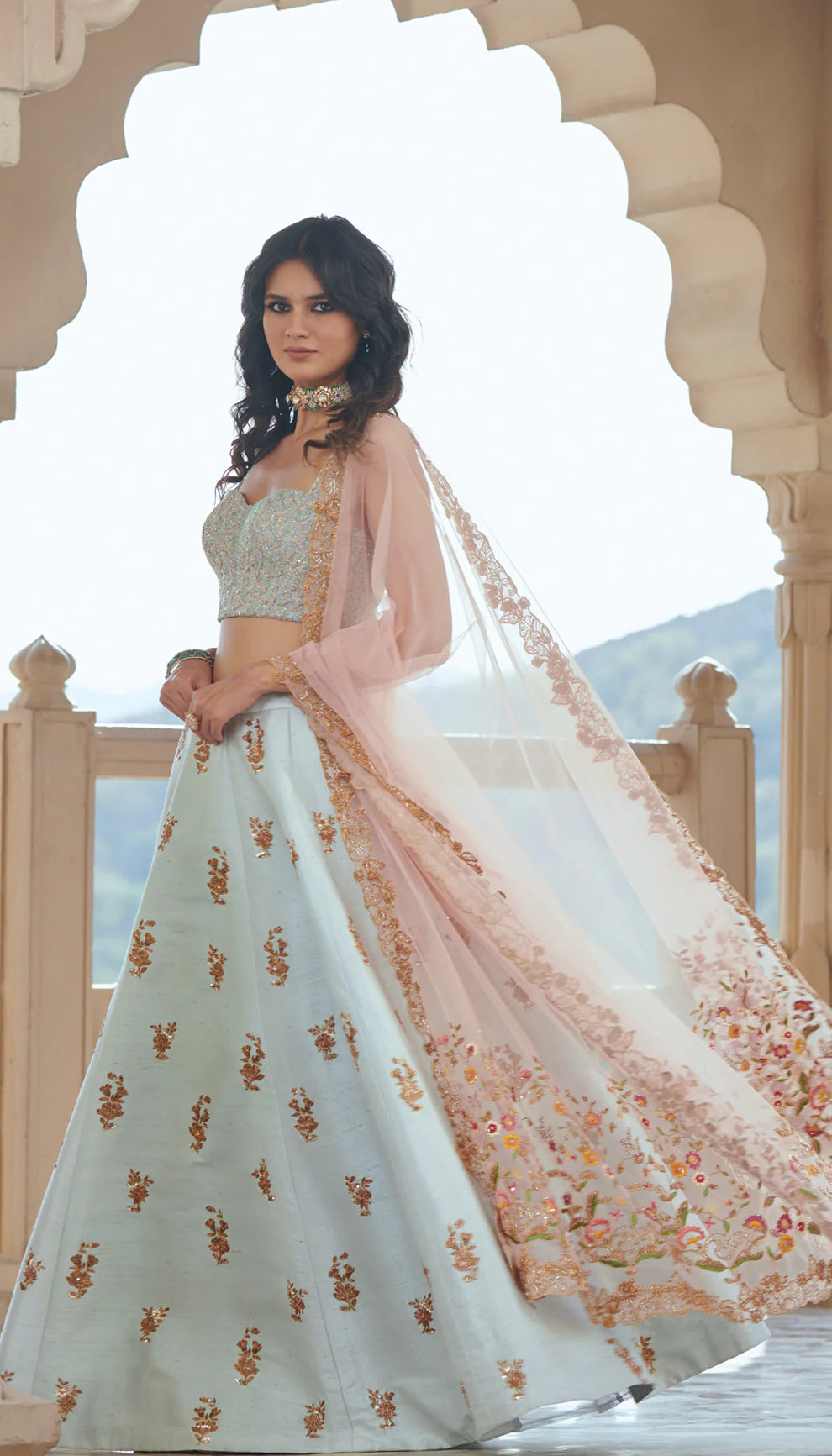 Ice Blue Vintage Gold Embroidered Raw Silk Lehenga (3-Piece) - Image 2