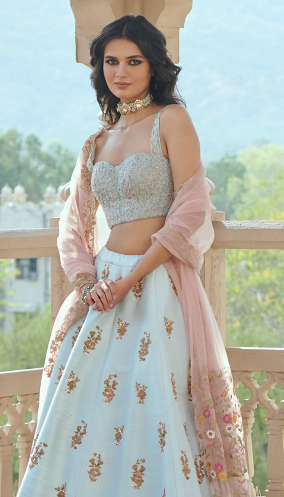 Ice Blue Vintage Gold Embroidered Raw Silk Lehenga (3-Piece) - Image 3