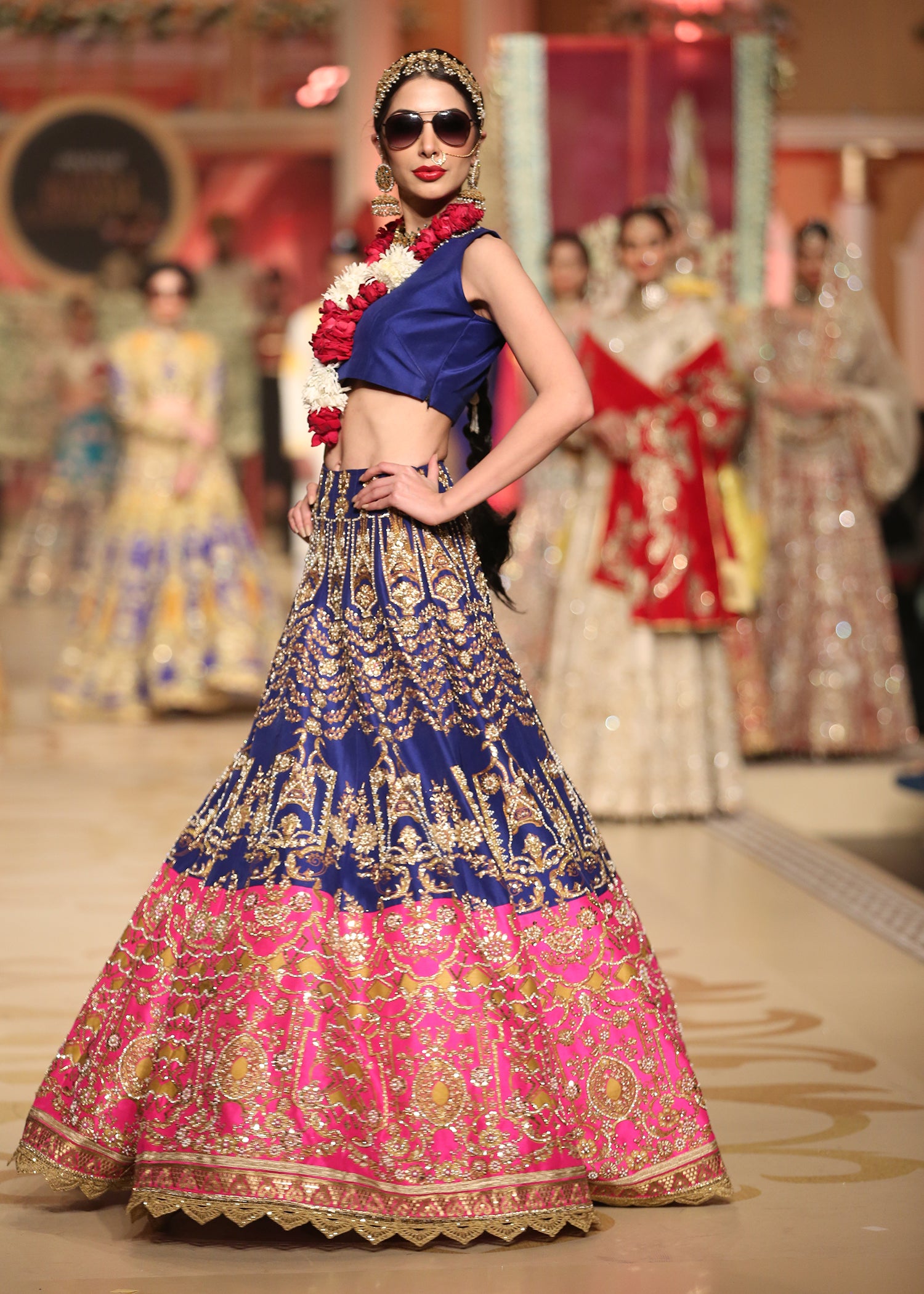 Pakistani Blue and Pink Embroidered Raw Silk Lehenga (2-Piece) - Image 1
