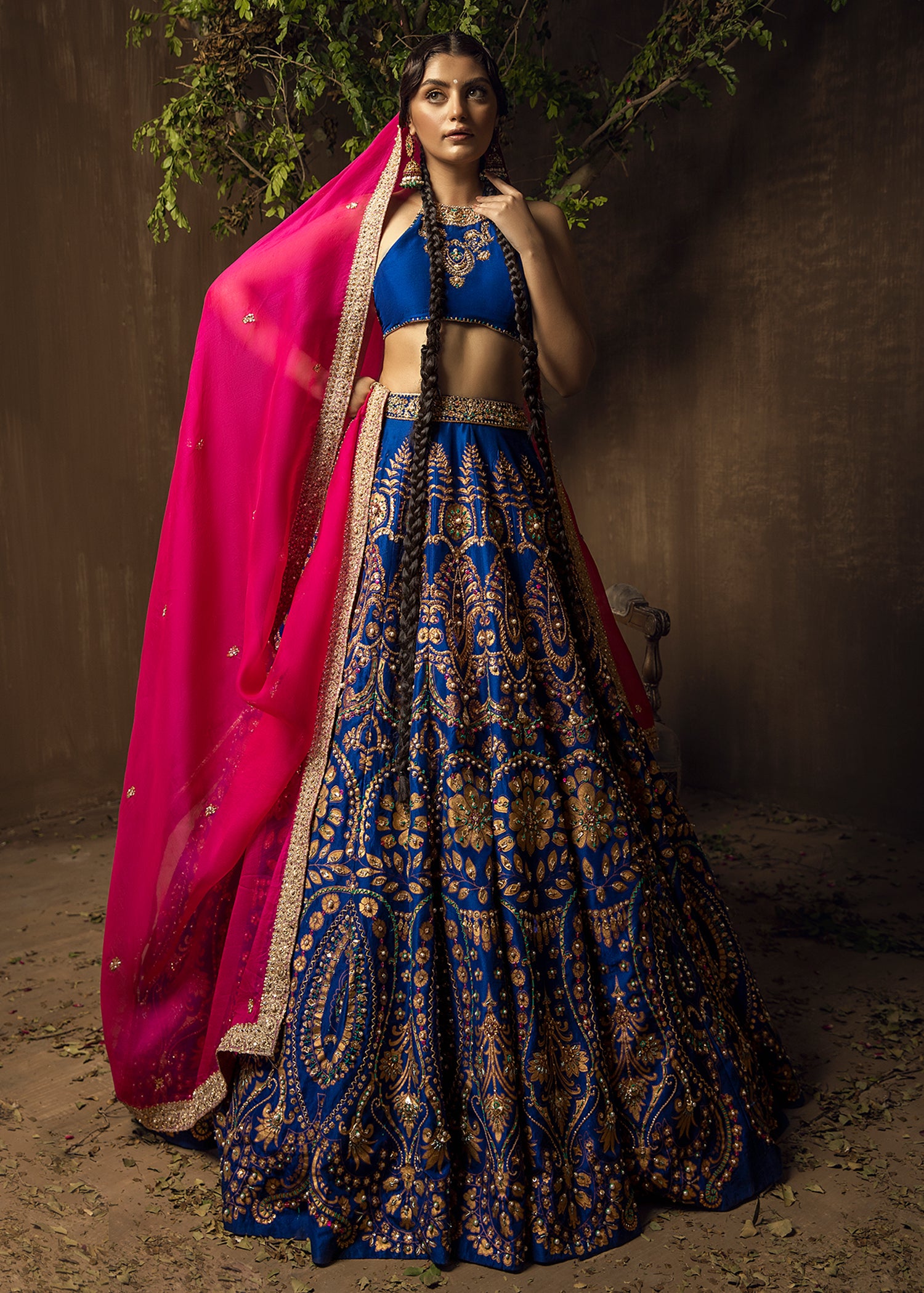 Royal Blue Gold Embroidered Raw Silk Lehenga Choli (3-Piece) - Image 1