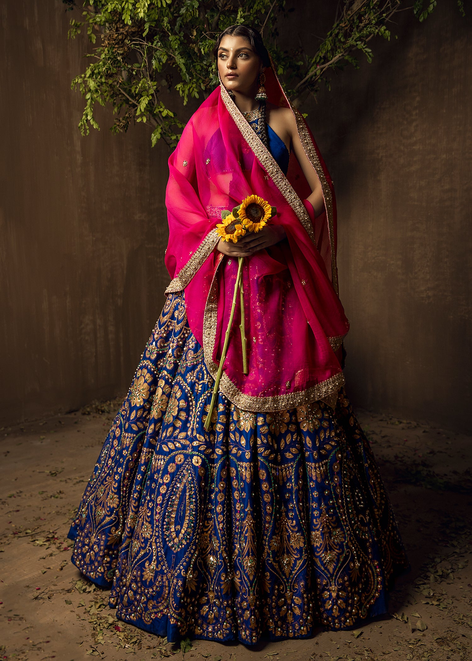 Royal Blue Gold Embroidered Raw Silk Lehenga Choli (3-Piece) - Image 3
