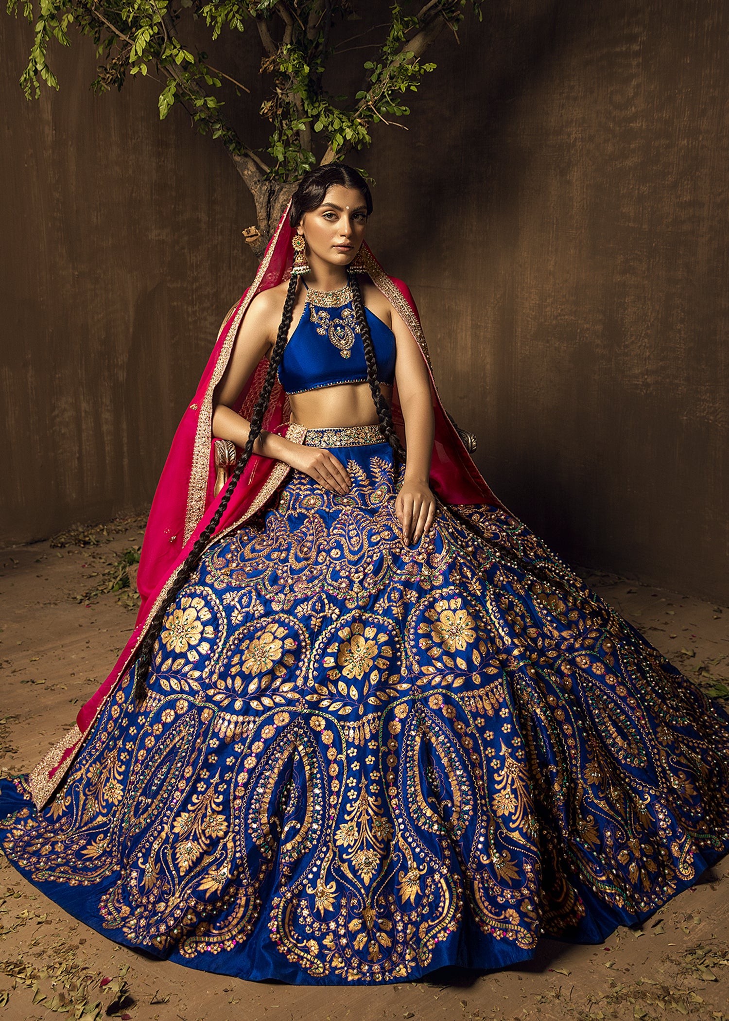 Royal Blue Gold Embroidered Raw Silk Lehenga Choli (3-Piece) - Image 4