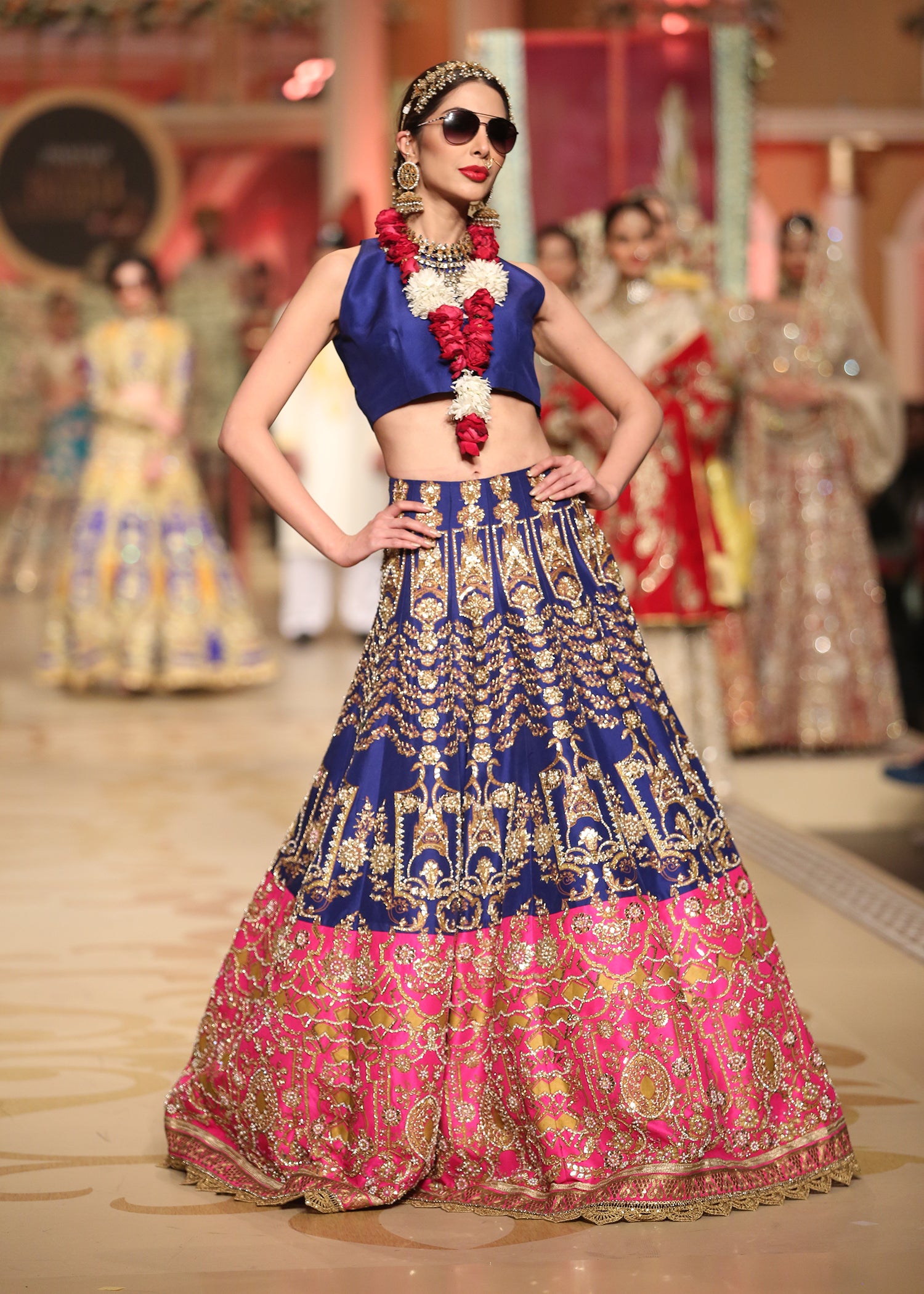 Blue and Pink Embroidered Raw Silk Lehenga (2-Piece) - Image 2