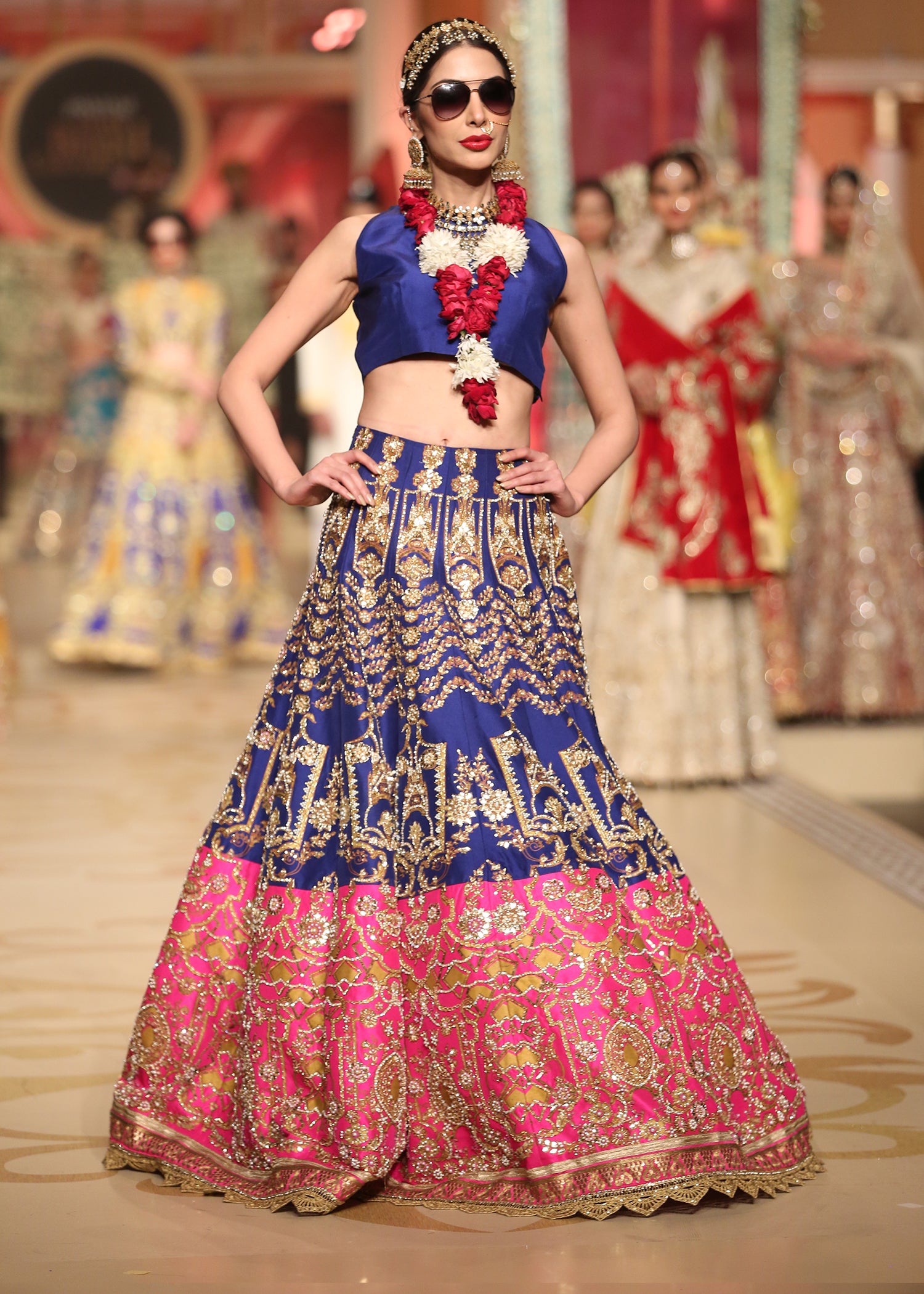Blue and Pink Embroidered Raw Silk Lehenga (2-Piece) - Image 3