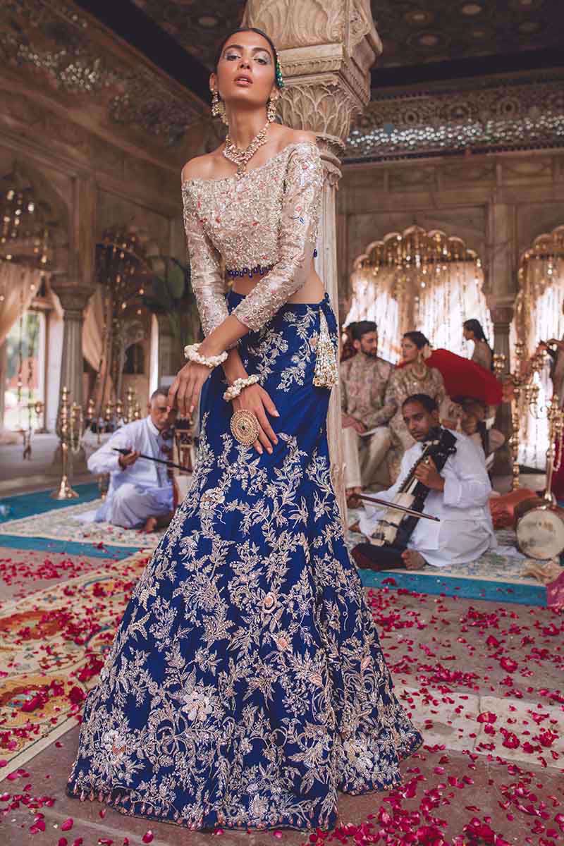 Pakistani Royal Blue Gold Embroidered Raw Silk Lehenga (3-Piece) - Image 1