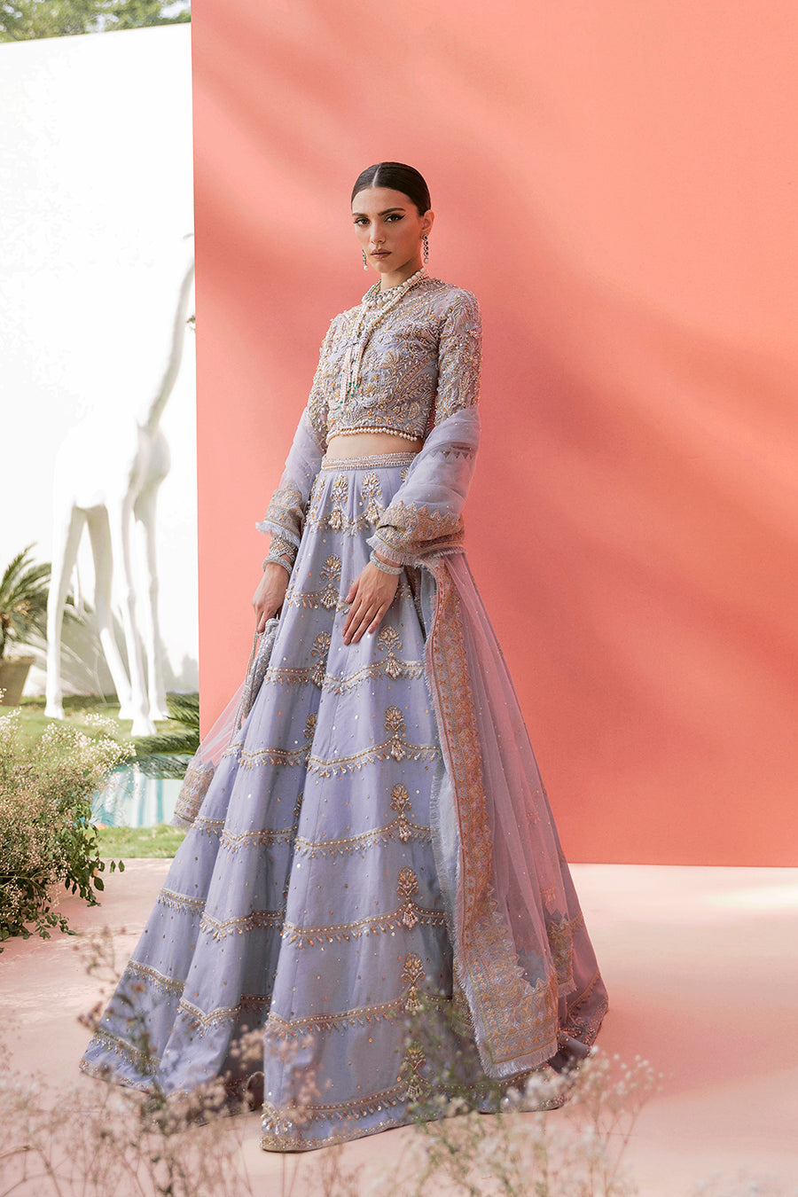 Pakistani Ice-Blue Embroidered Organza Choli & Raw Silk Lehenga (3-Piece) - Image 1