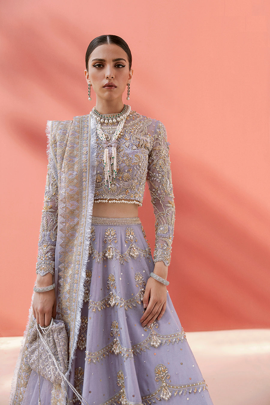 Pakistani Ice-Blue Embroidered Organza Choli & Raw Silk Lehenga (3-Piece) - Image 2
