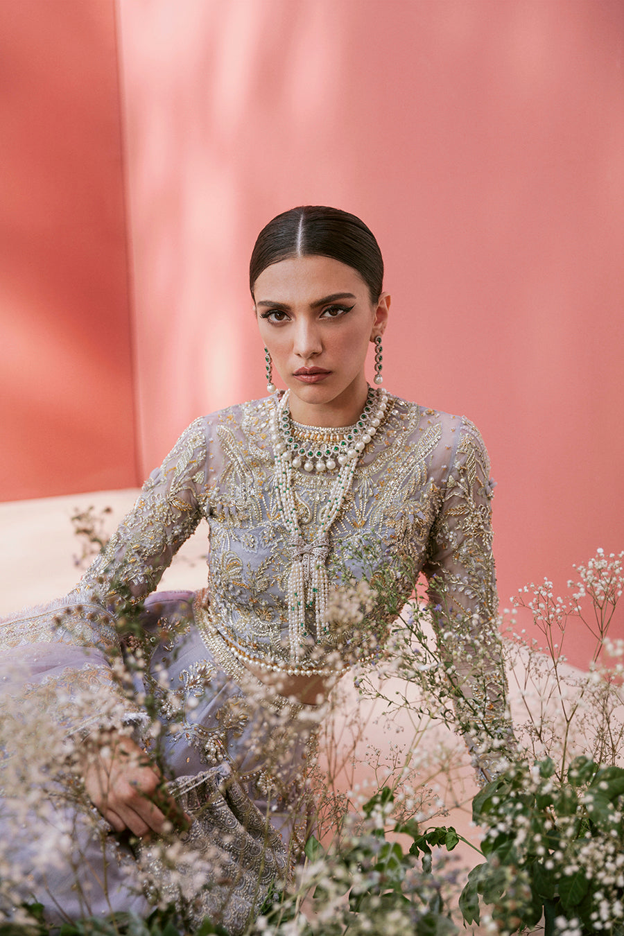 Pakistani Ice-Blue Embroidered Organza Choli & Raw Silk Lehenga (3-Piece) - Image 3