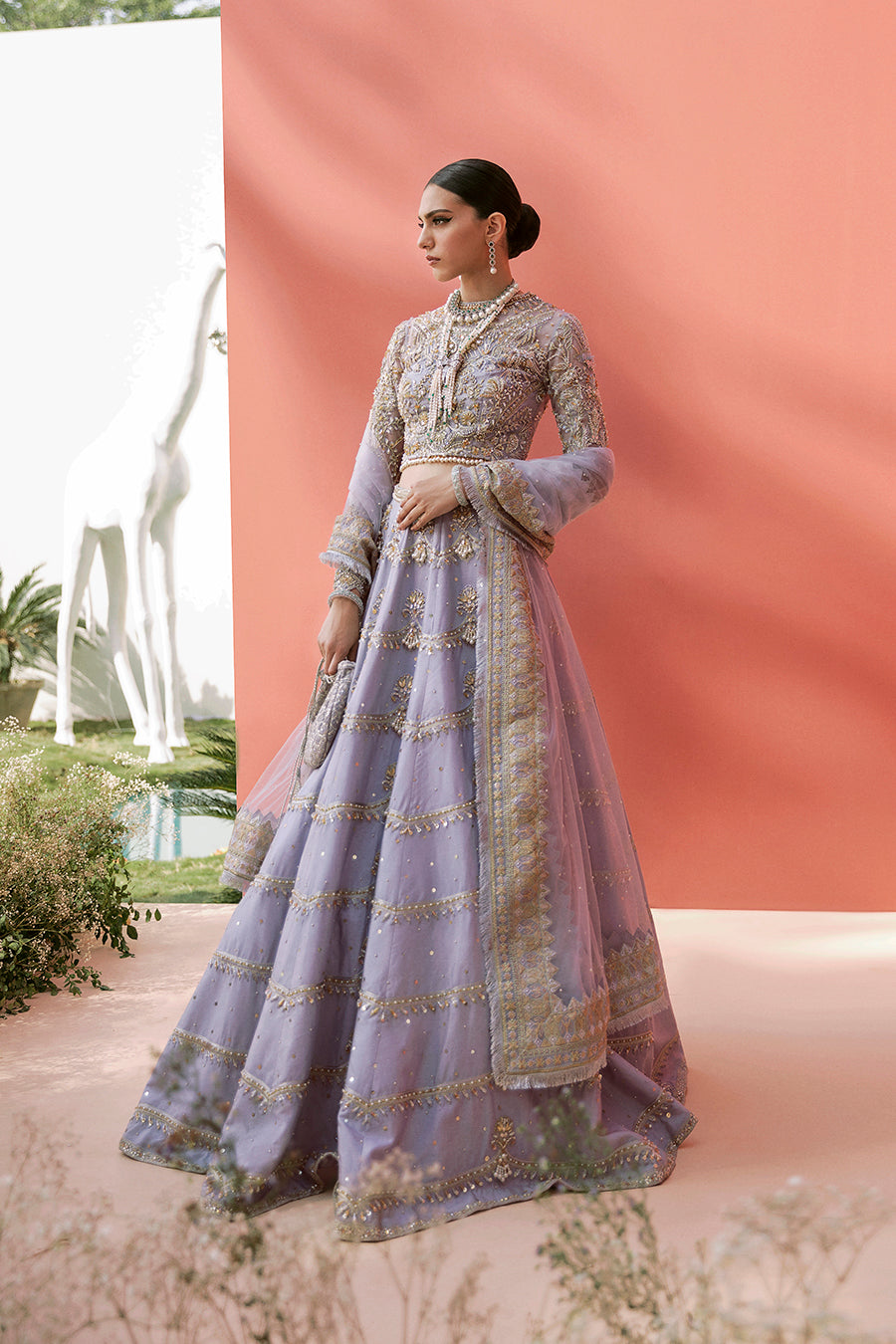 Pakistani Ice-Blue Embroidered Organza Choli & Raw Silk Lehenga (3-Piece) - Image 4