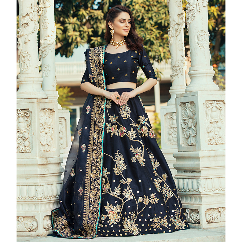 Midnight Blue Embroidered Raw Silk Kalidar Lehenga (3-Piece) - Image 1