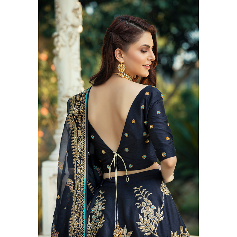 Midnight Blue Embroidered Raw Silk Kalidar Lehenga (3-Piece) - Image 2