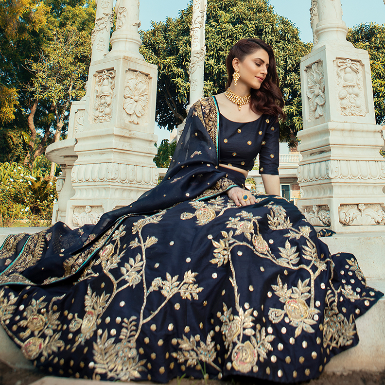 Midnight Blue Embroidered Raw Silk Kalidar Lehenga (3-Piece) - Image 3