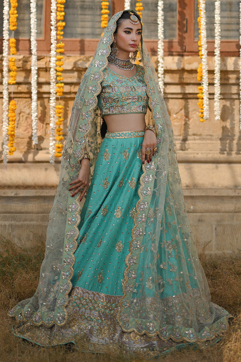 Aqua Naqashi & Gota Raw Silk Lehenga Choli (3-Piece) - Image 1
