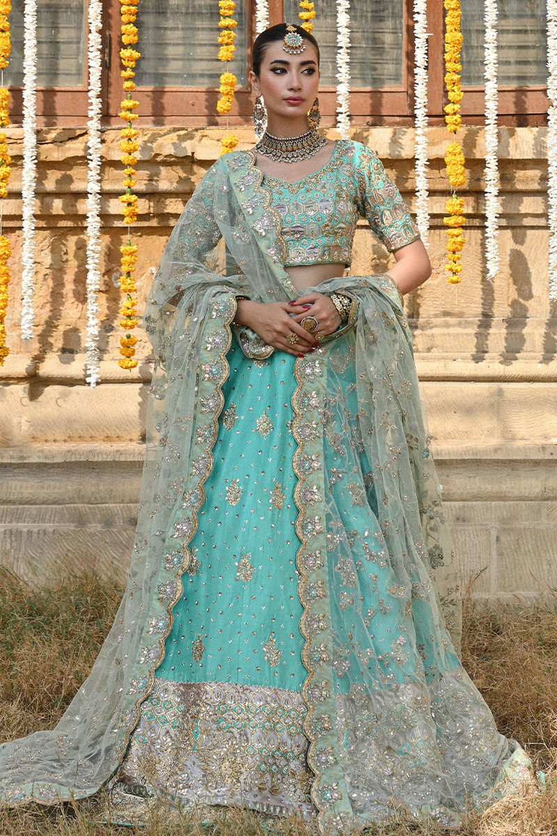 Aqua Naqashi & Gota Raw Silk Lehenga Choli (3-Piece) - Image 3