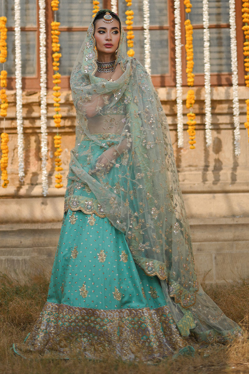 Aqua Naqashi & Gota Raw Silk Lehenga Choli (3-Piece) - Image 4