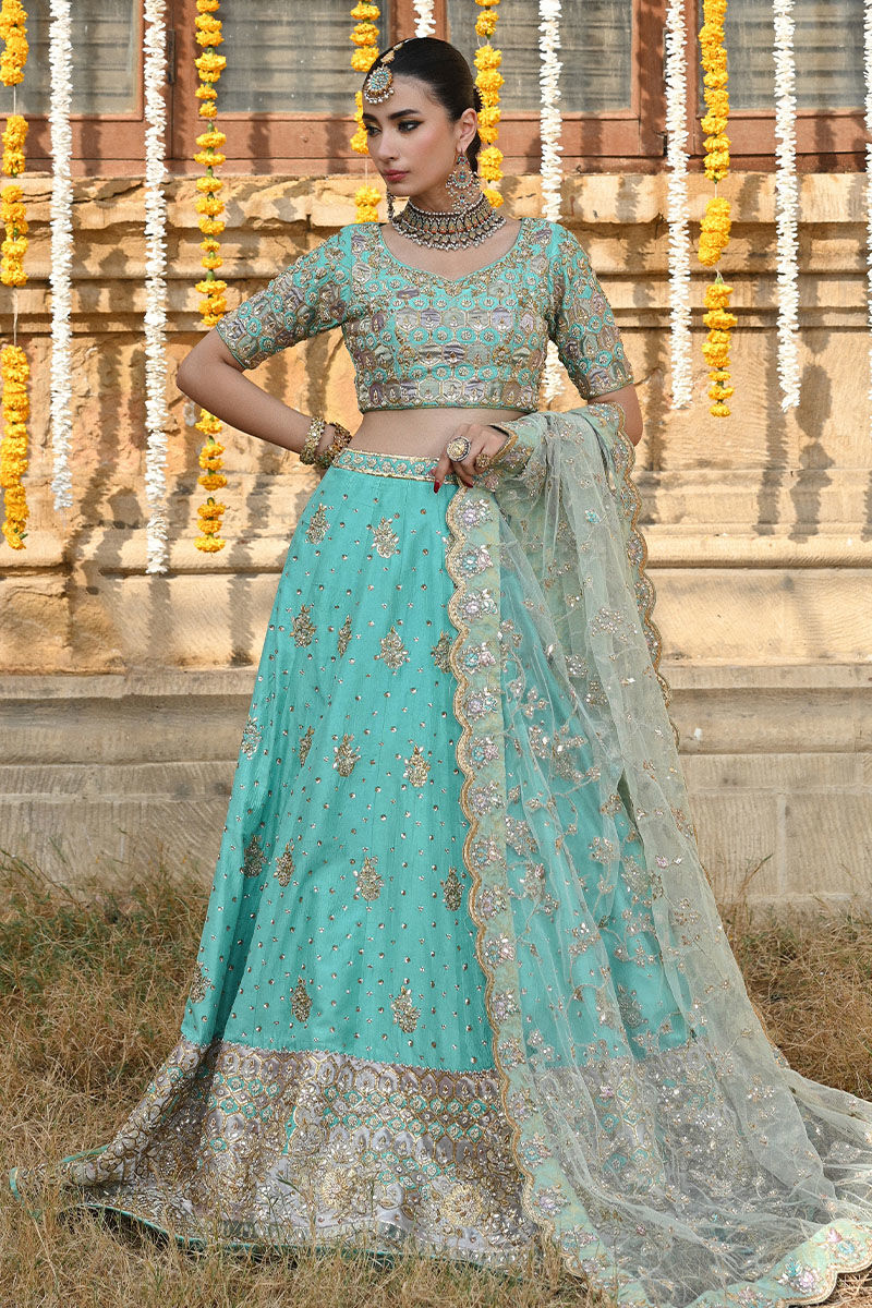 Aqua Naqashi & Gota Raw Silk Lehenga Choli (3-Piece) - Image 5