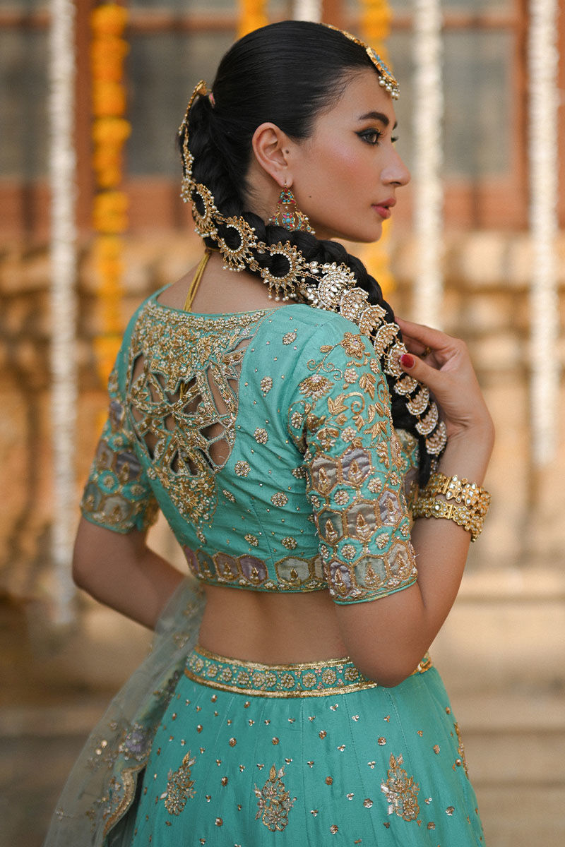 Aqua Naqashi & Gota Raw Silk Lehenga Choli (3-Piece) - Image 6