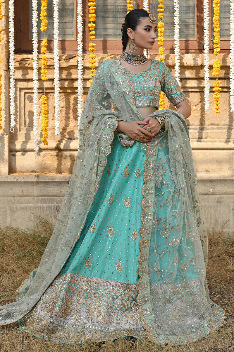 Aqua Naqashi & Gota Raw Silk Lehenga Choli (3-Piece) - Image 7