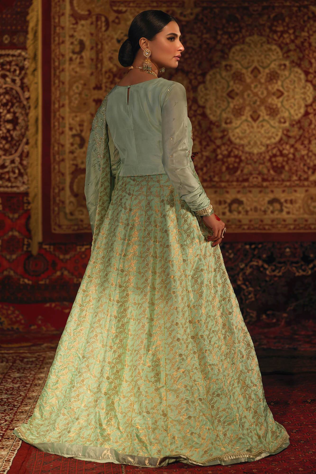 Ice Blue Hand-Embellished Raw Silk & Banarsi Lehenga Choli (3-Piece) - Image 1