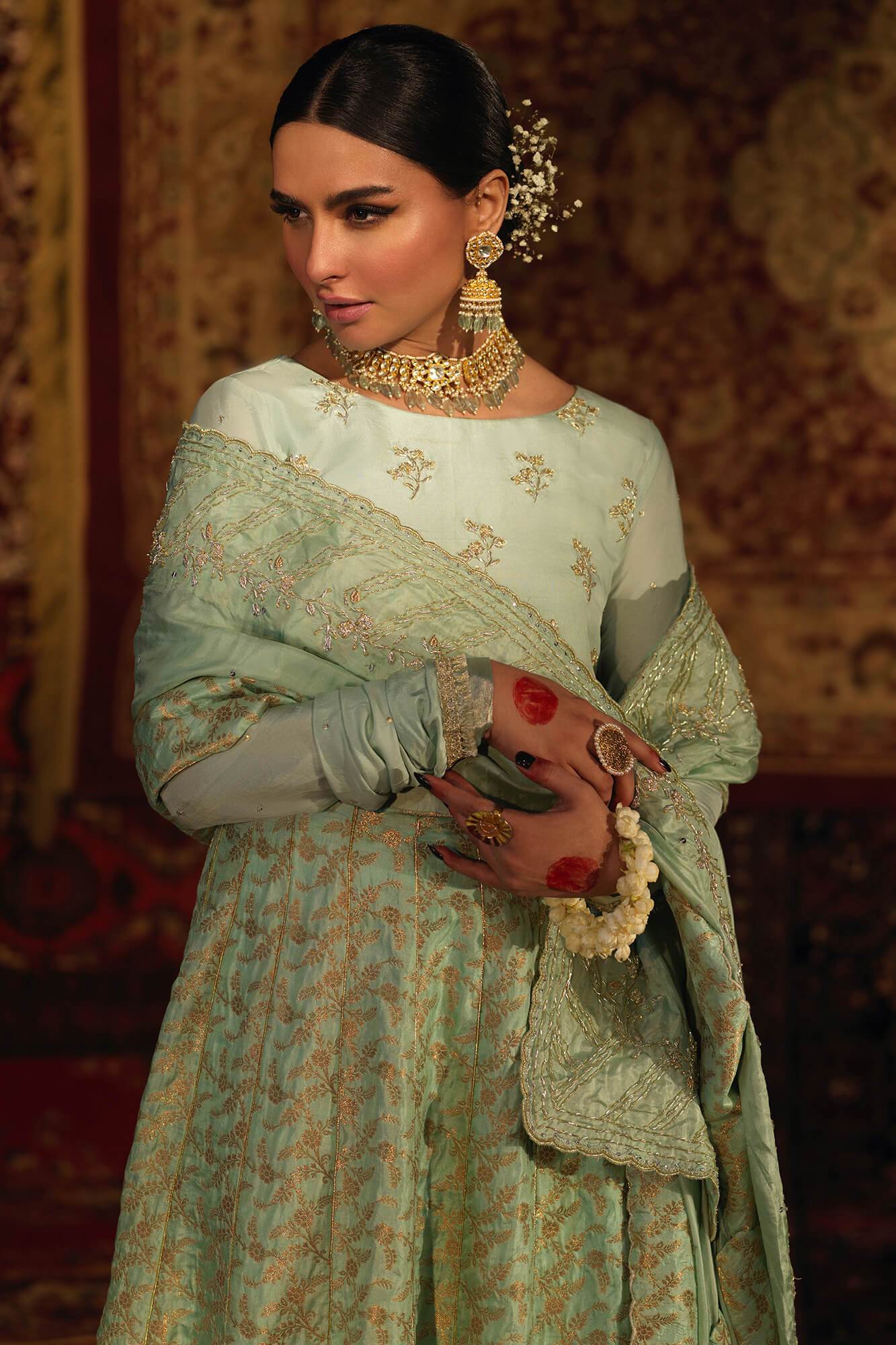 Ice Blue Hand-Embellished Raw Silk & Banarsi Lehenga Choli (3-Piece) - Image 4