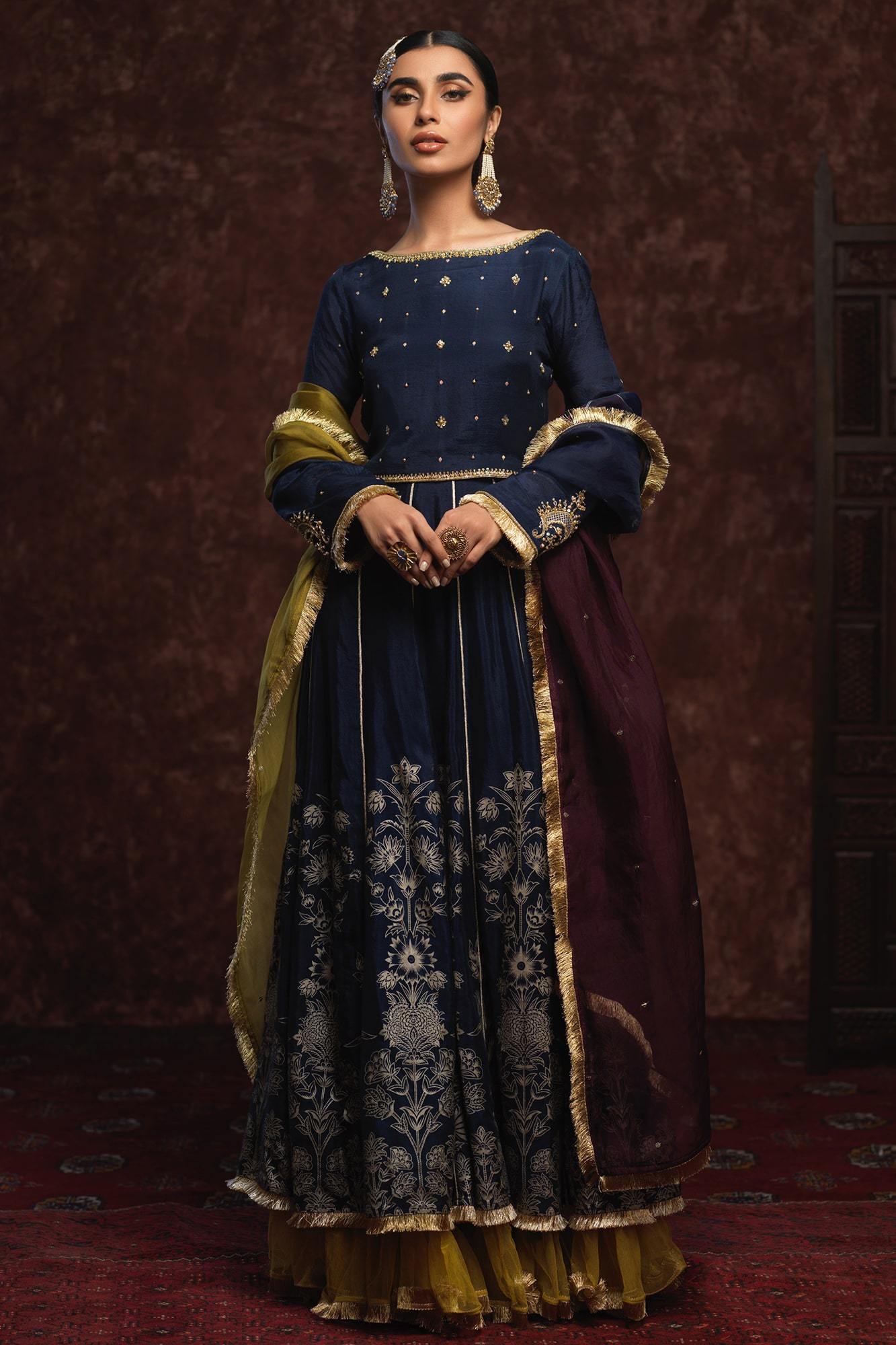 Pakistani Dark Blue Embroidered Raw Silk Lehenga Choli (3-Piece) - Image 2