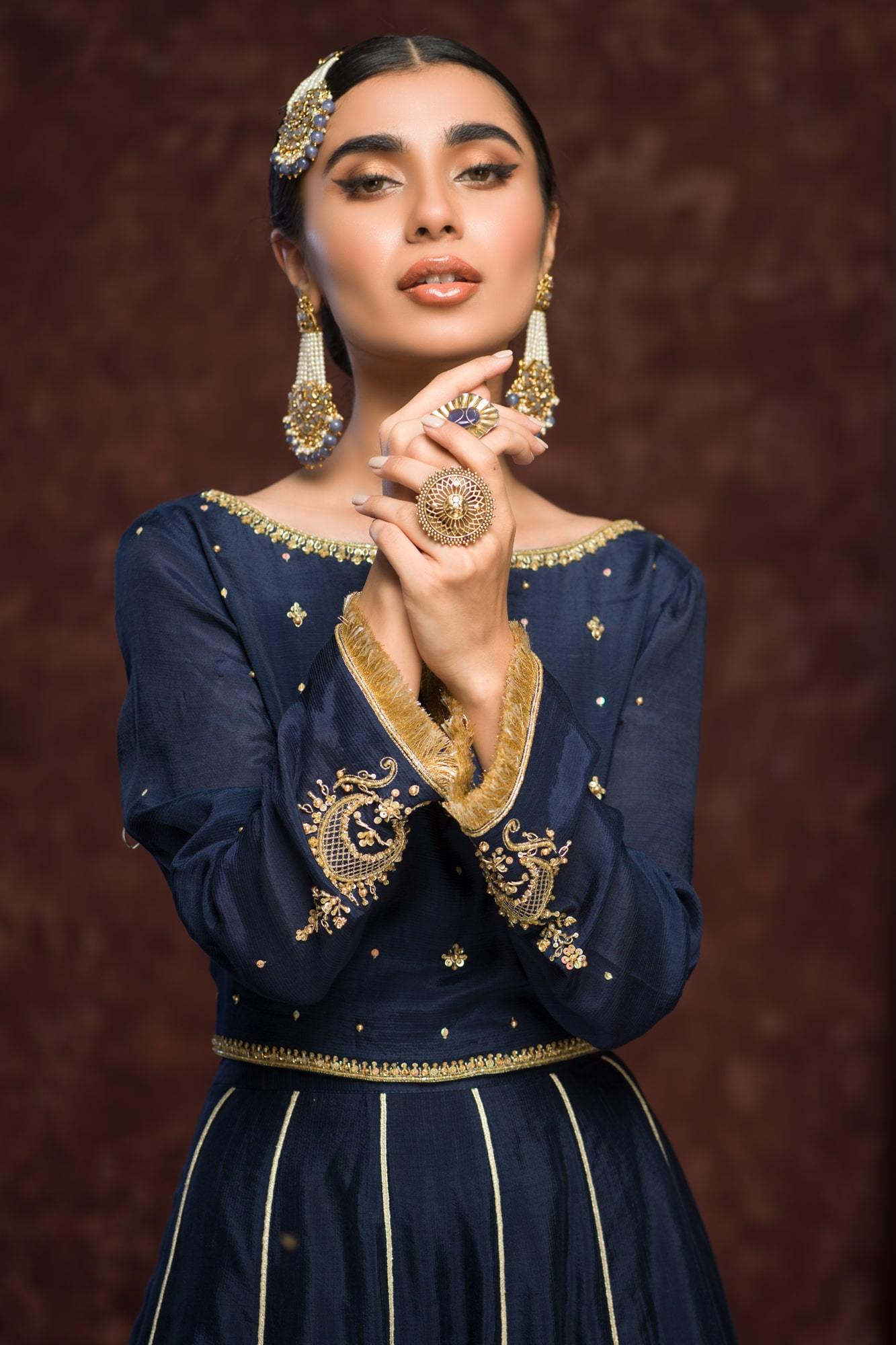 Pakistani Dark Blue Embroidered Raw Silk Lehenga Choli (3-Piece) - Image 4