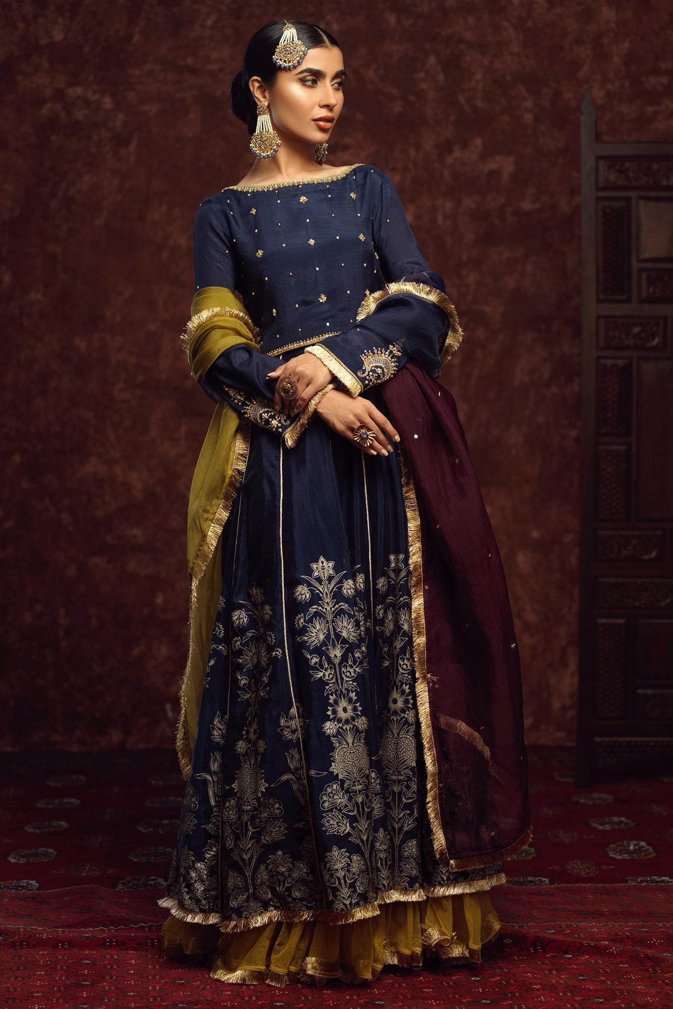 Dark Blue Embroidered Raw Silk Lehenga Choli (3-Piece) - Image 1
