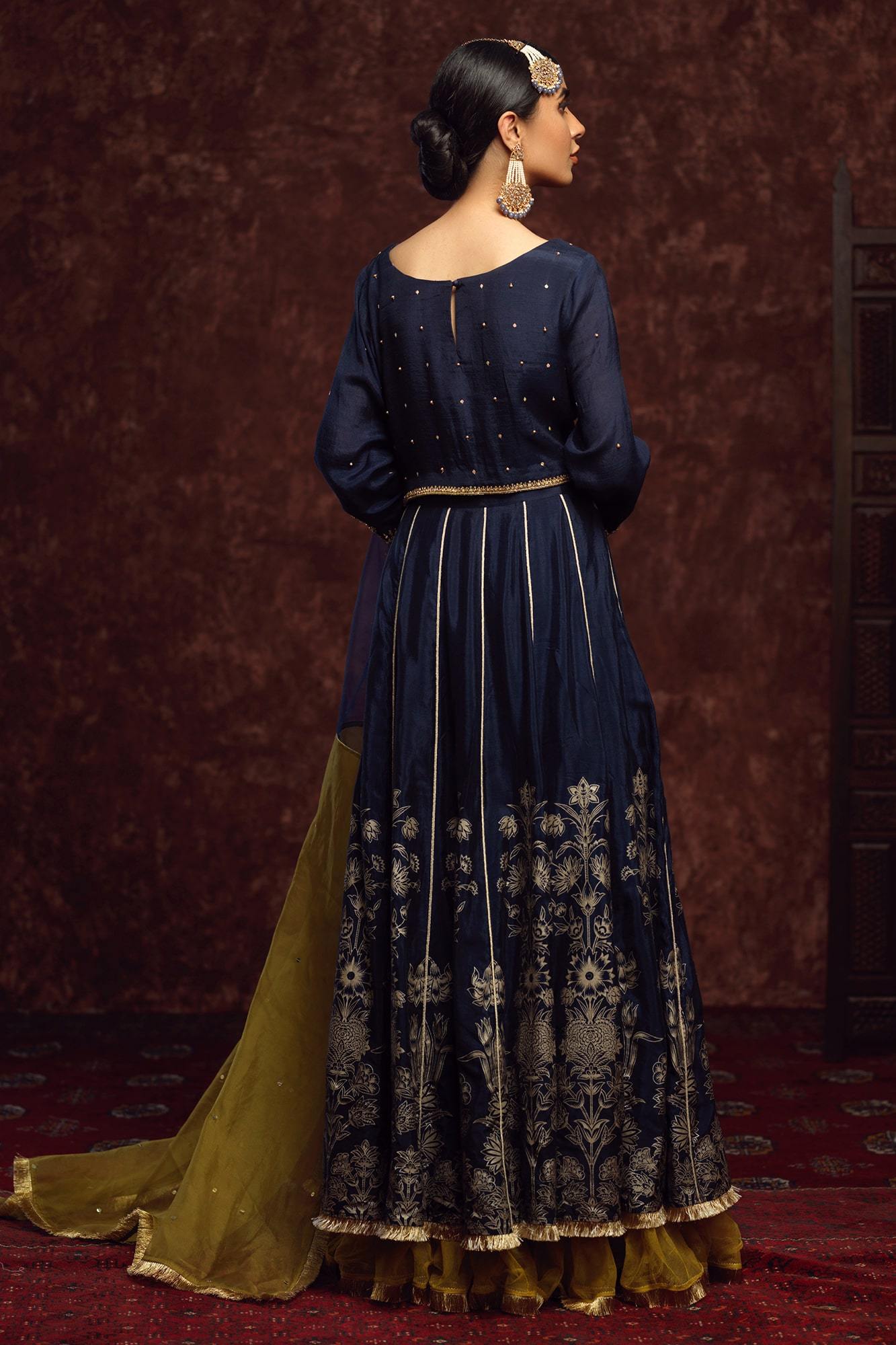 Dark Blue Embroidered Raw Silk Lehenga Choli (3-Piece) - Image 3