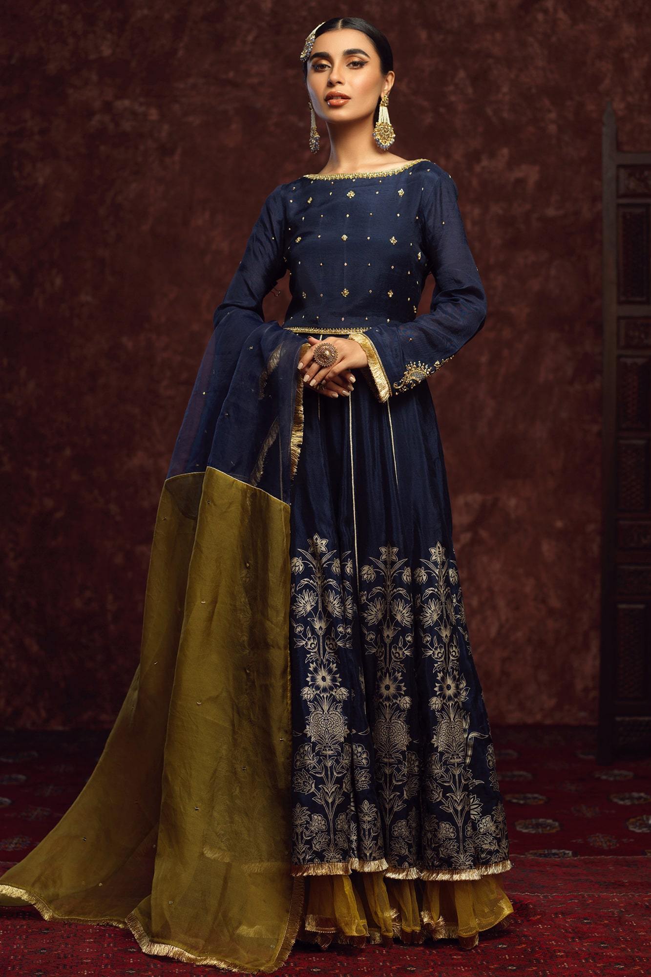 Dark Blue Embroidered Raw Silk Lehenga Choli (3-Piece) - Image 5
