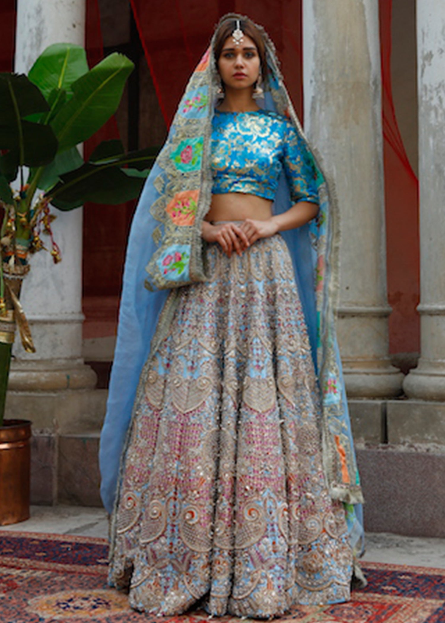 Blue Embellished Raw Silk Lehenga (3-Piece) - Image 1