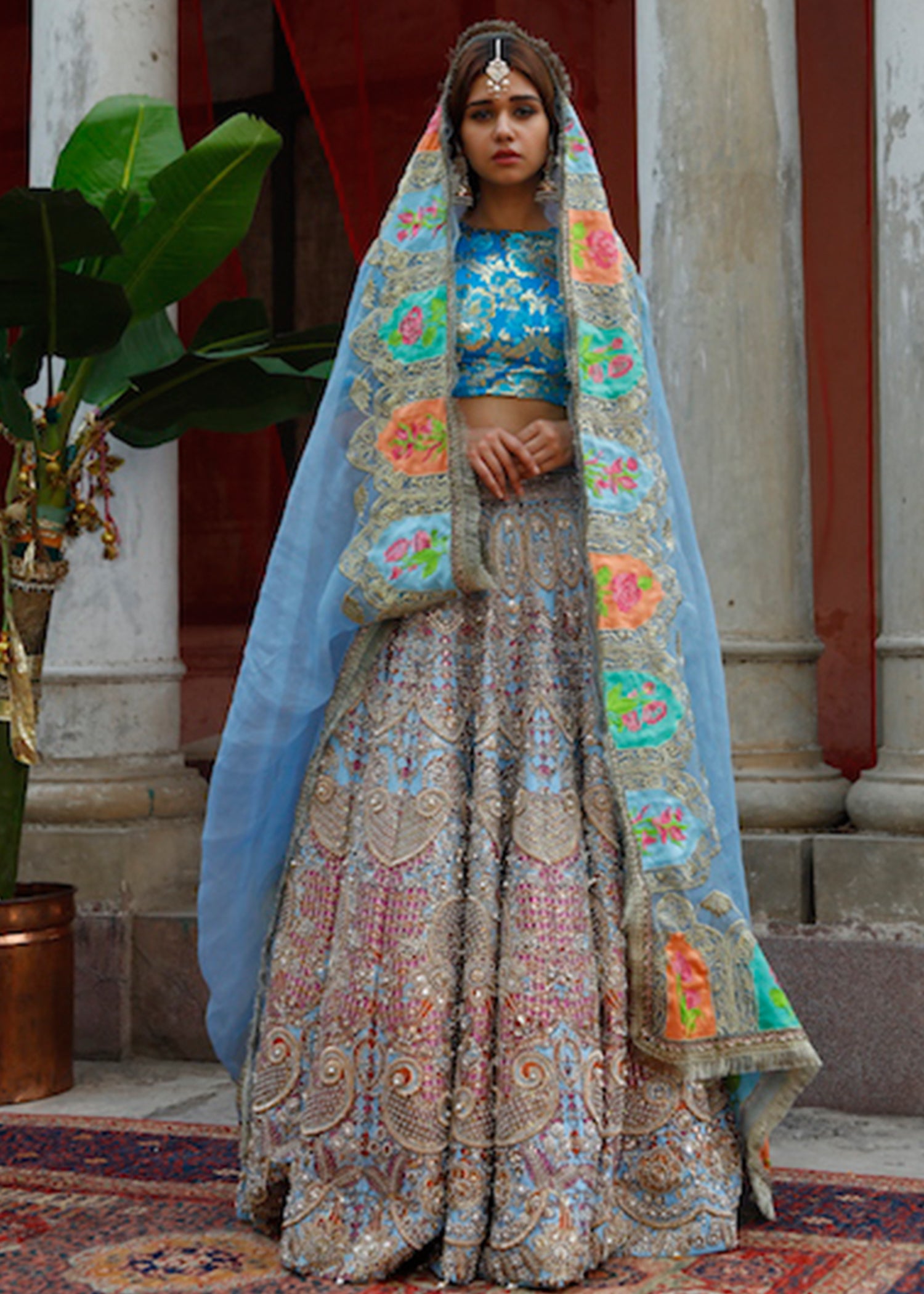 Blue Embellished Raw Silk Lehenga (3-Piece) - Image 2